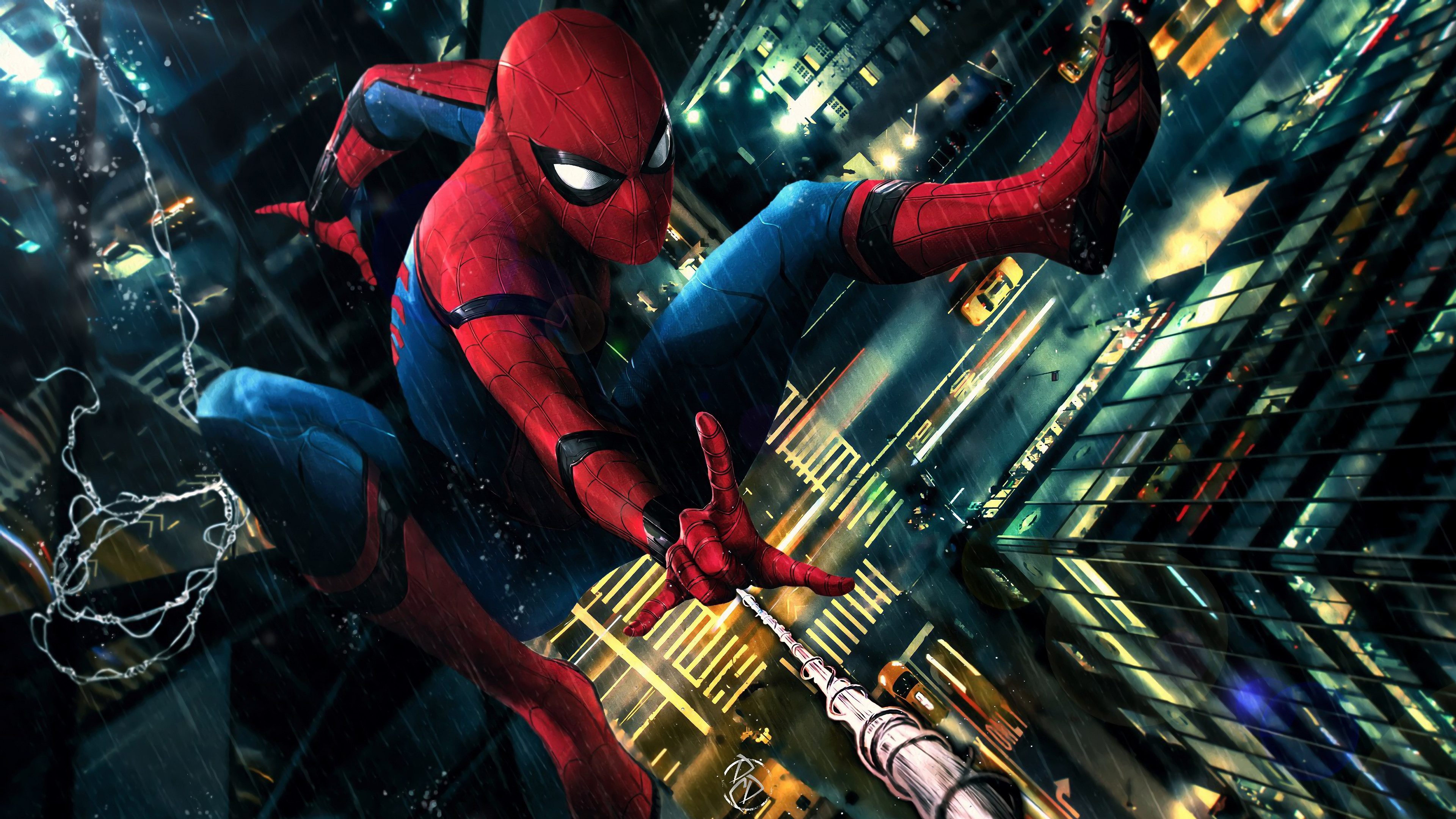 Spider-Man swinging through a rainy city at night 4K HD Wallpaper