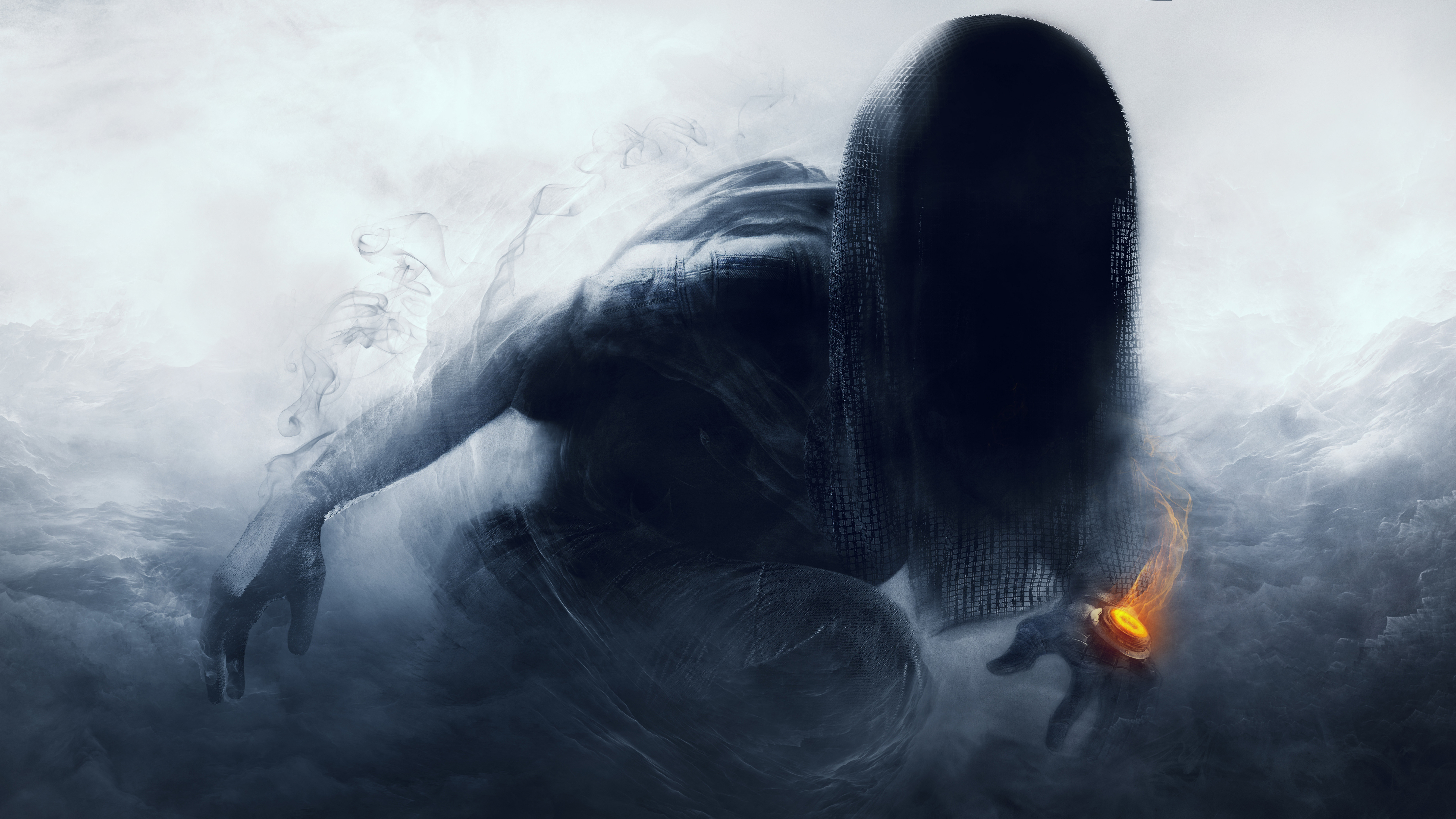 Figure emerging from smoke with glowing hand HD Wallpaper