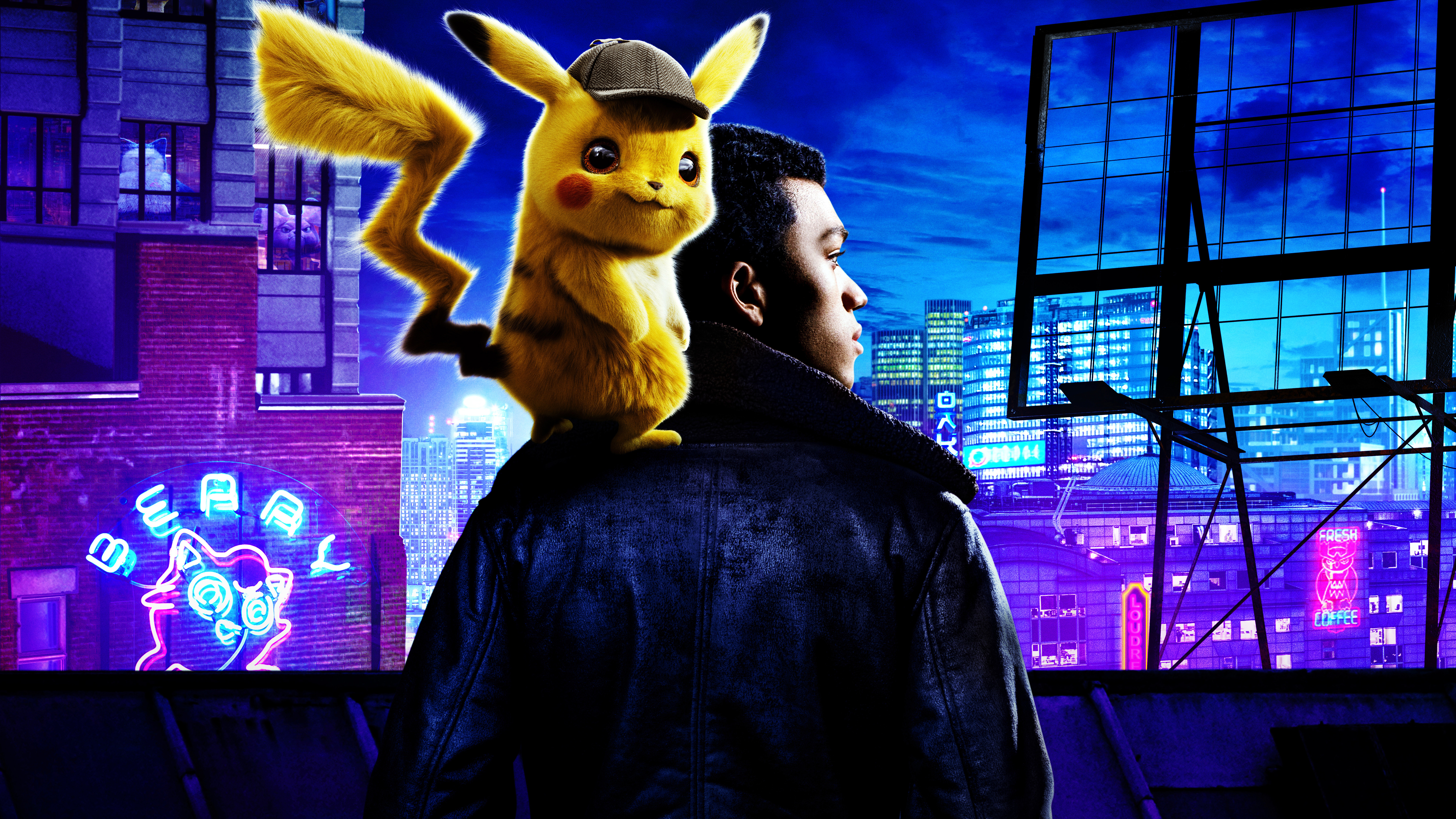 Pikachu from Detective Pikachu with a man in a city HD Wallpaper