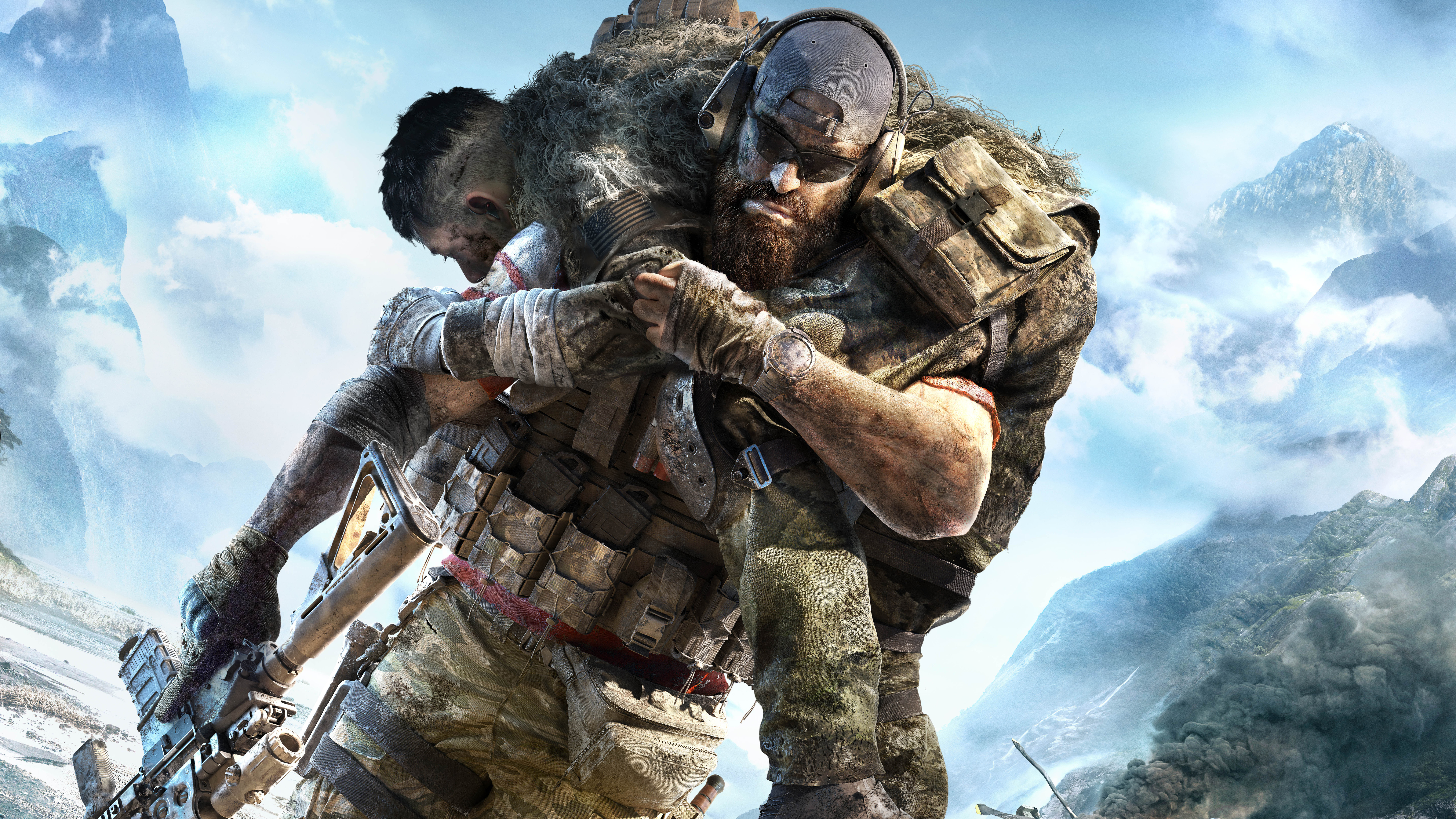 Soldier carrying injured comrade in mountains HD Wallpaper