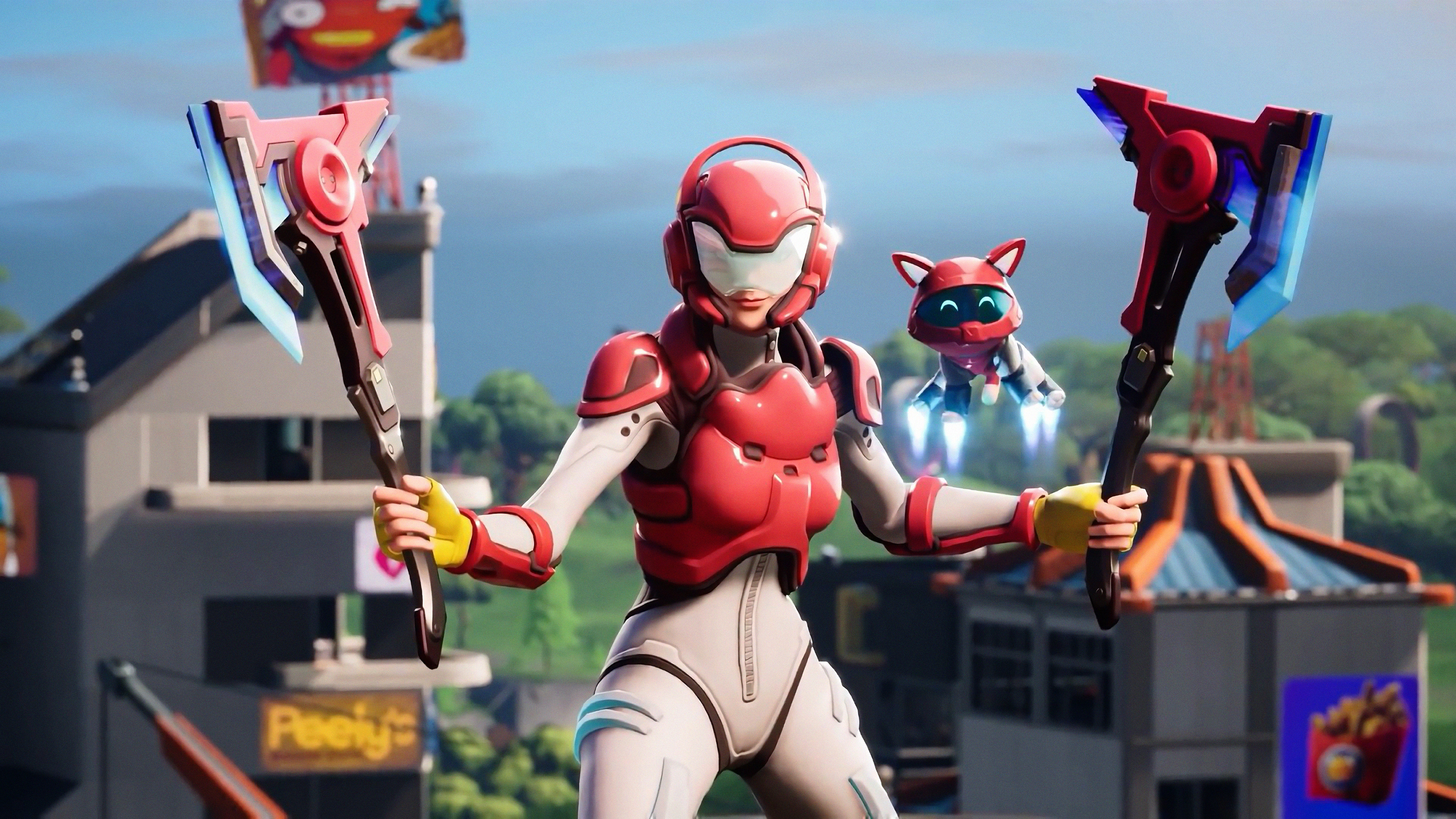 Rox from Fortnite with dual axes and pet HD Wallpaper