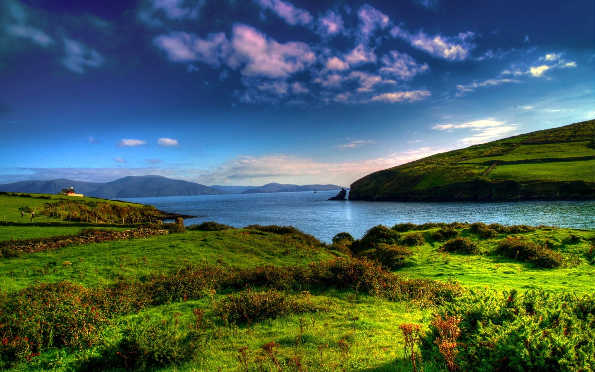 Green Irish Coastline with a Bay and Mountains HD Wallpaper