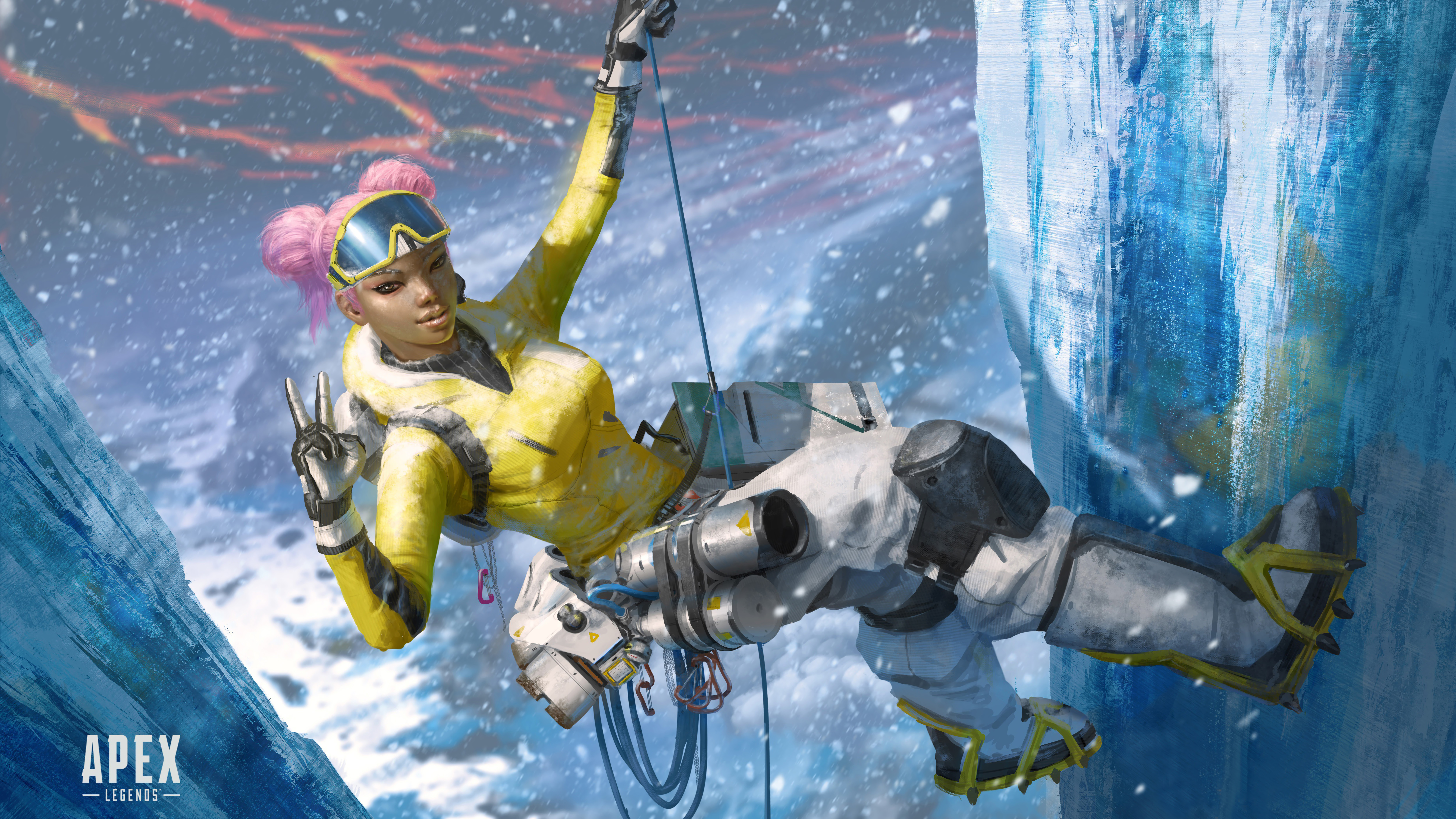 Lifeline from Apex Legends climbing an icy mountain HD Wallpaper