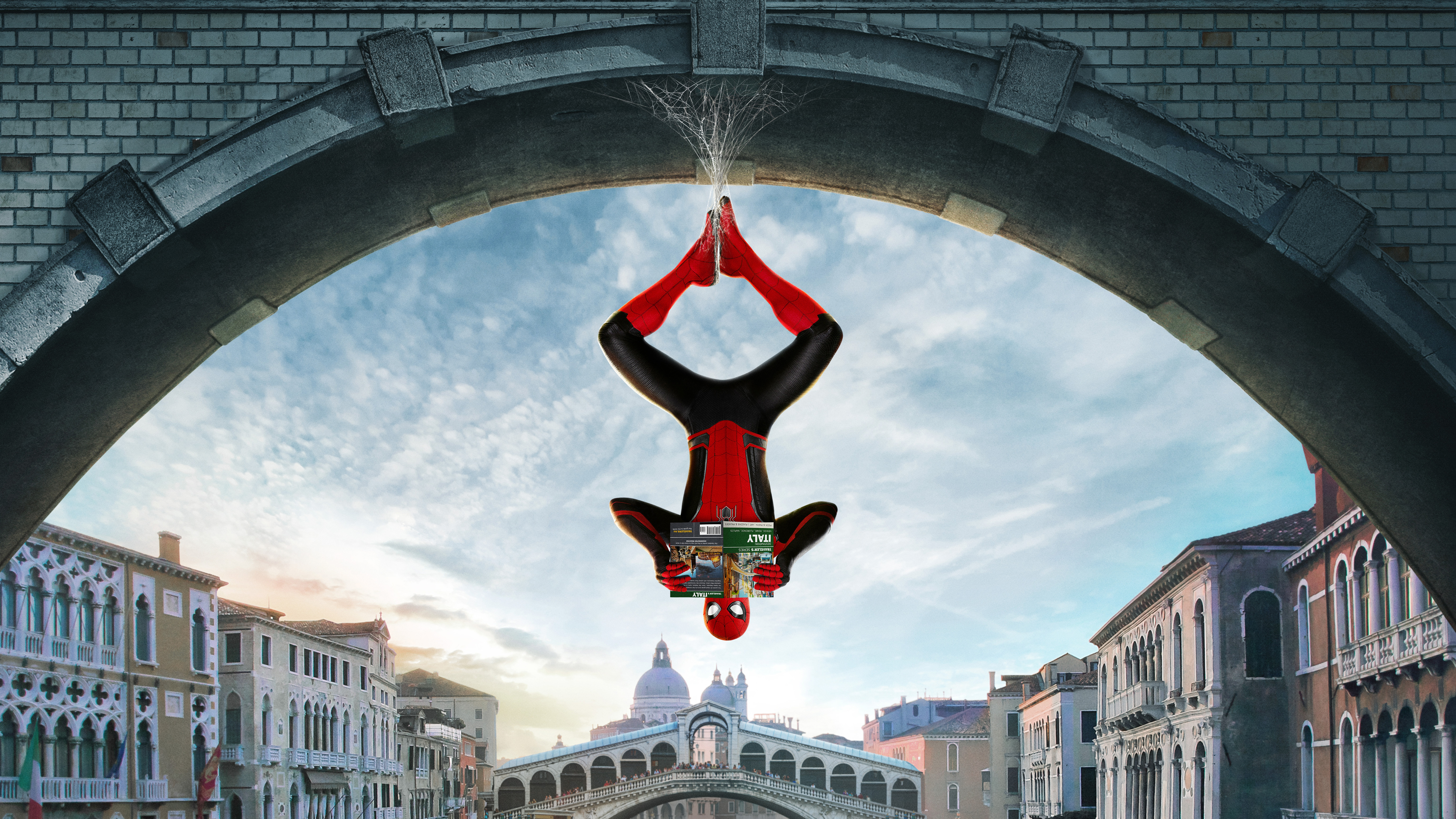 Spider-Man from Marvel Comics reading a travel guide in Venice HD Wallpaper