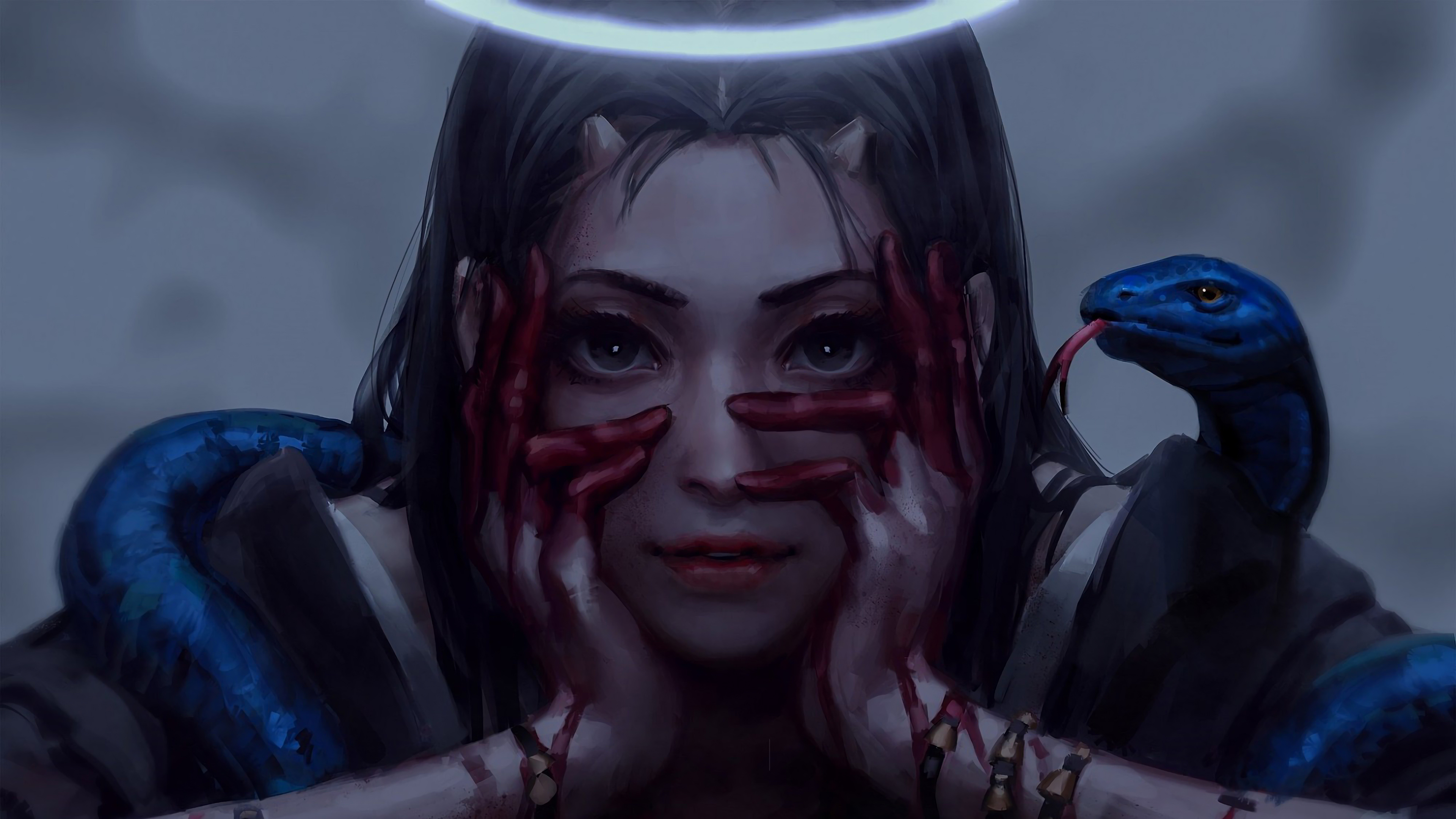 Demon girl with snake and halo 4K HD Wallpaper
