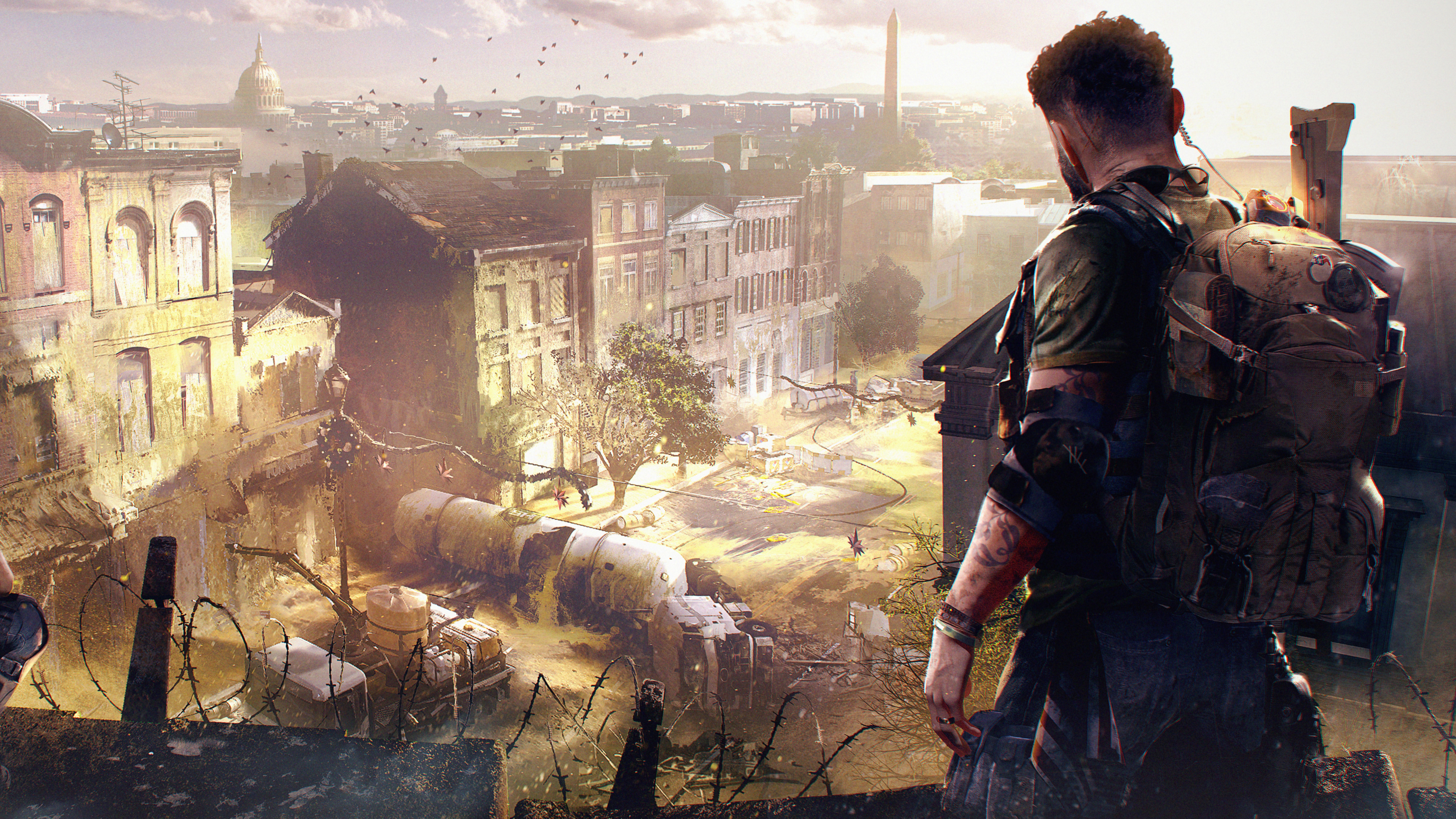 Man with backpack overlooking a ruined city HD Wallpaper