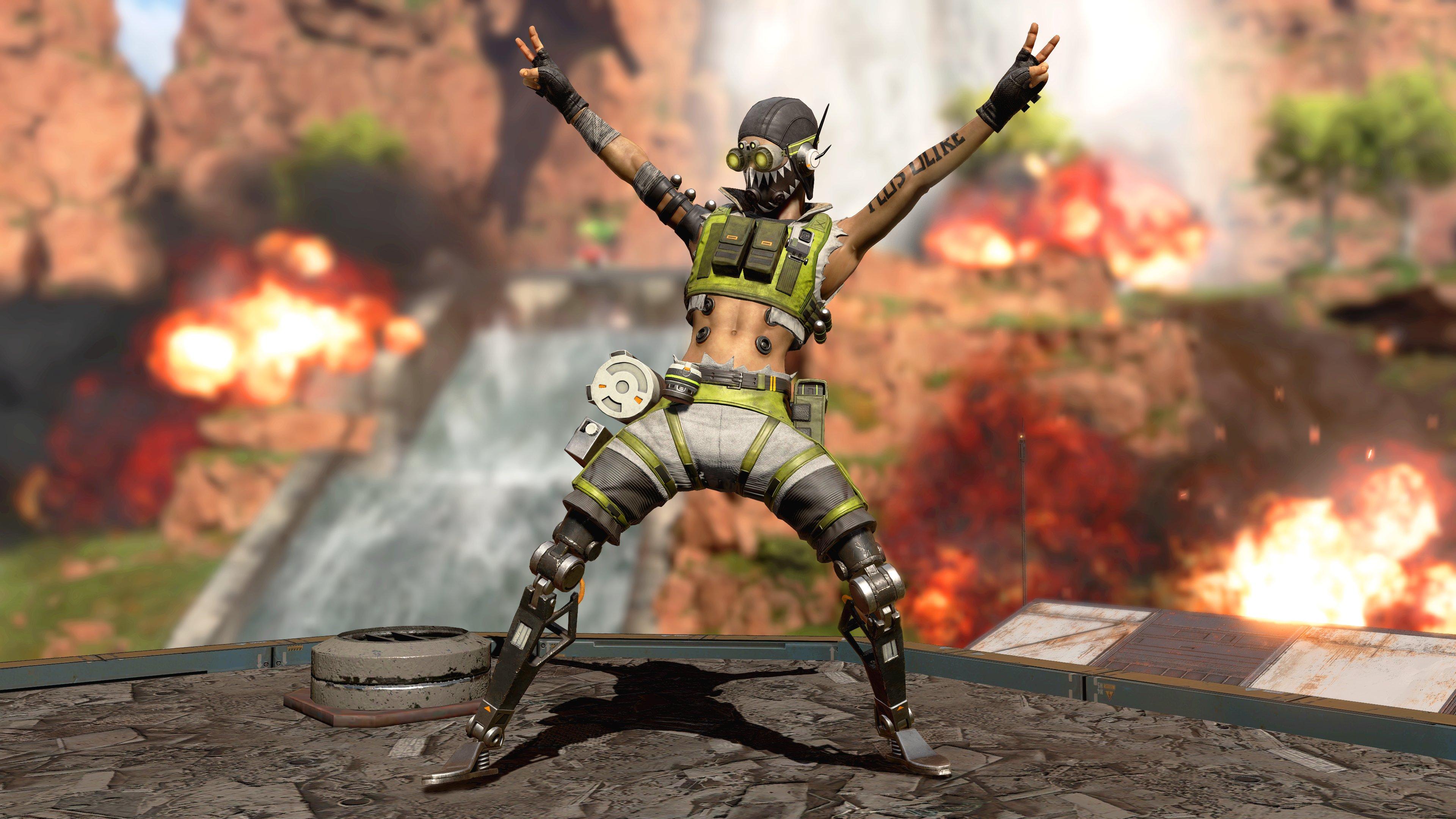 Octane from Apex Legends celebrating with explosions in background HD Wallpaper