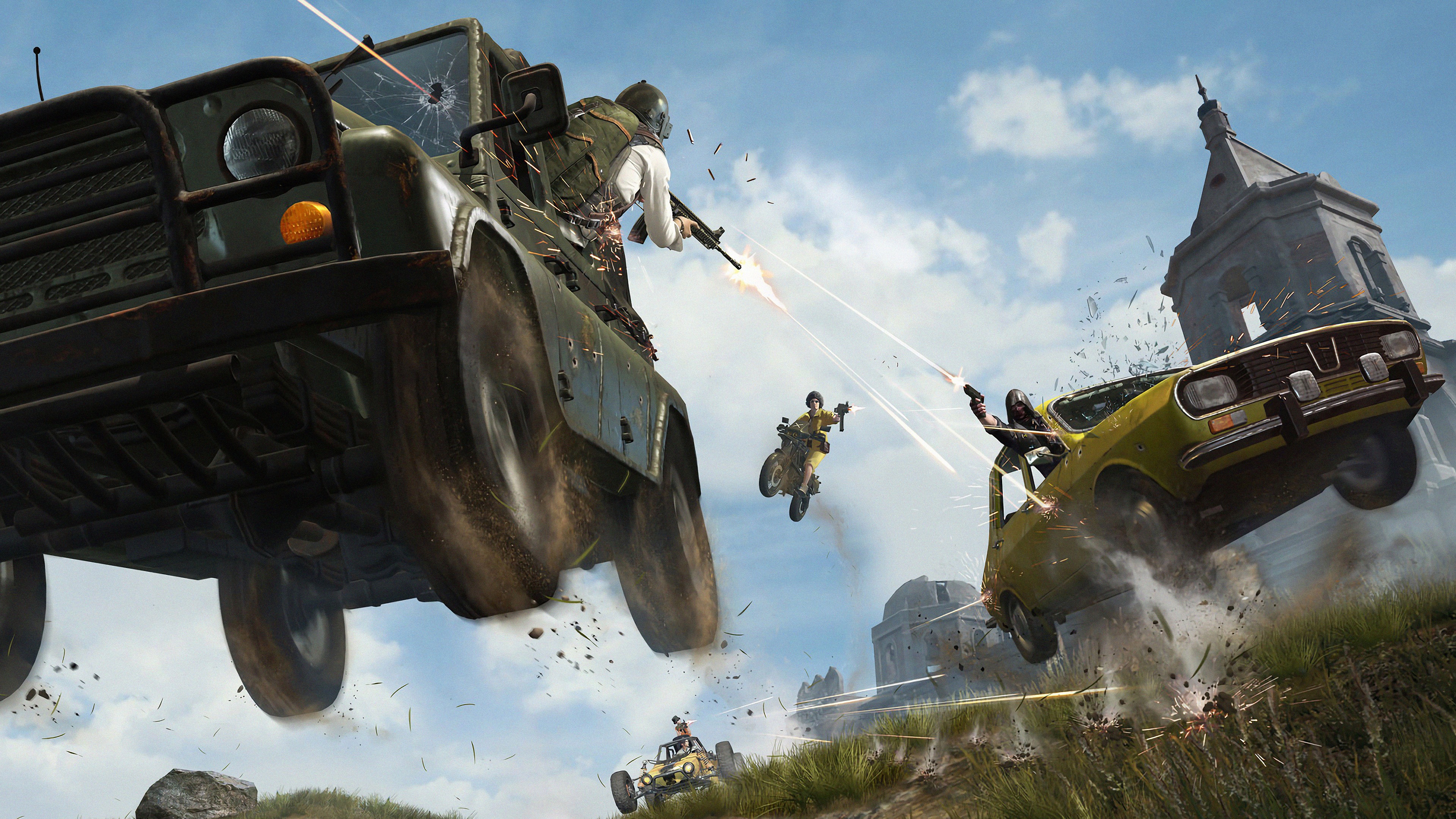 PUBG players in cars and on motorcycle in a battle HD Wallpaper