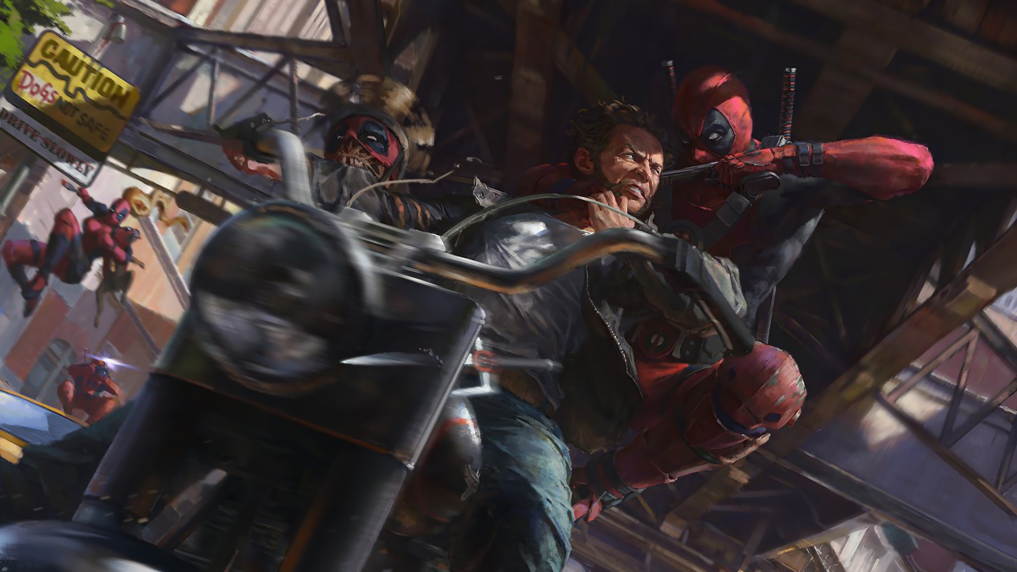 Deadpool Corps vs. Wolverine on a Motorcycle 4K HD Wallpaper