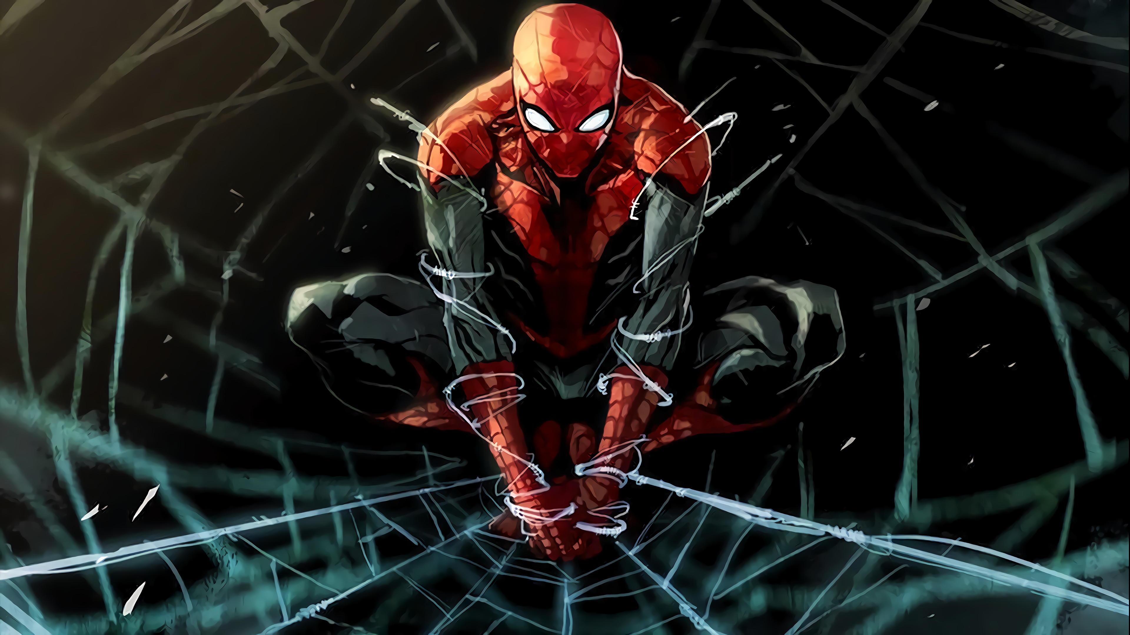 Spider-Man crouching on a web in 4K HD Wallpaper
