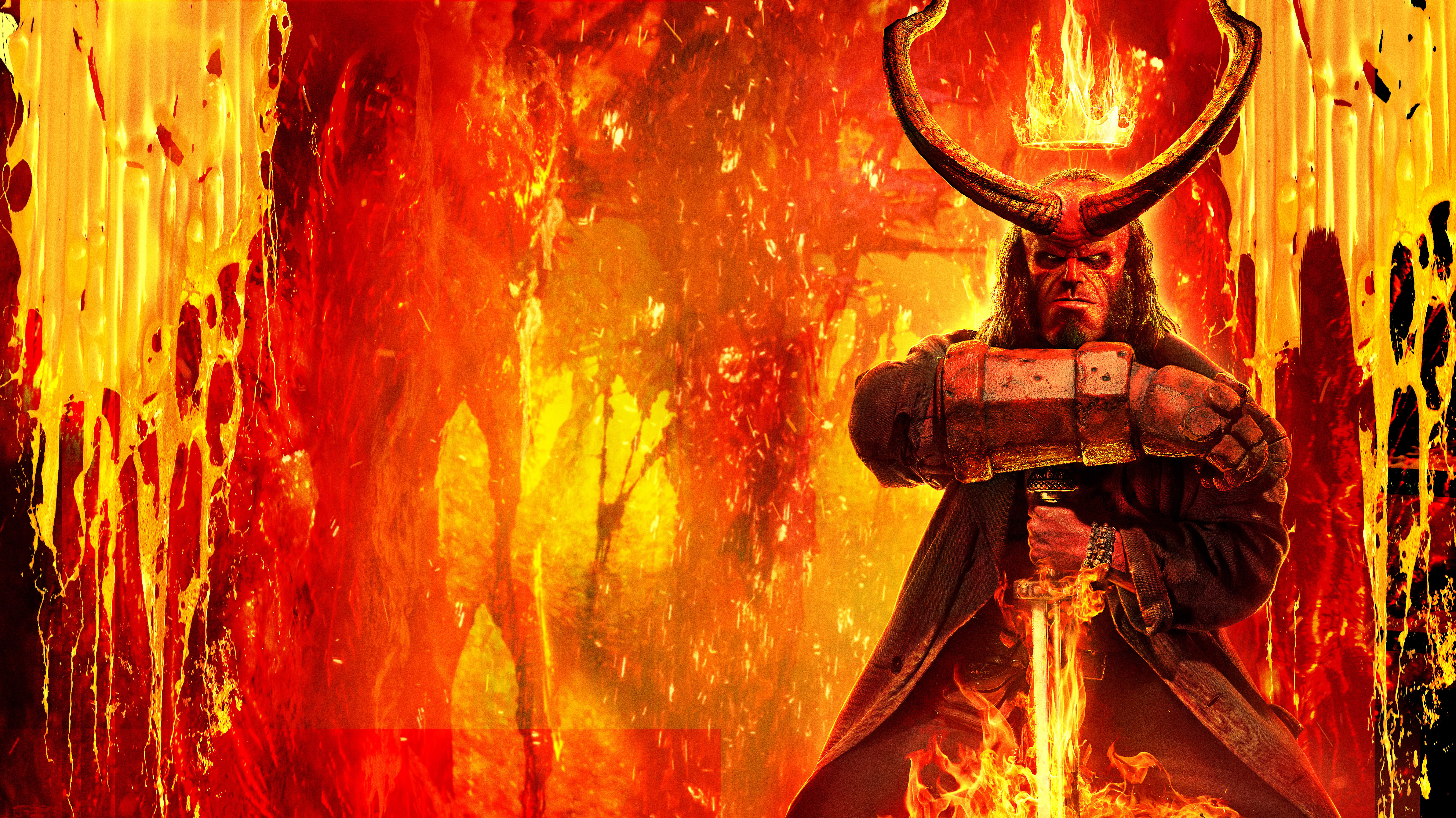 Hellboy with sword and hammer in front of fire HD Wallpaper