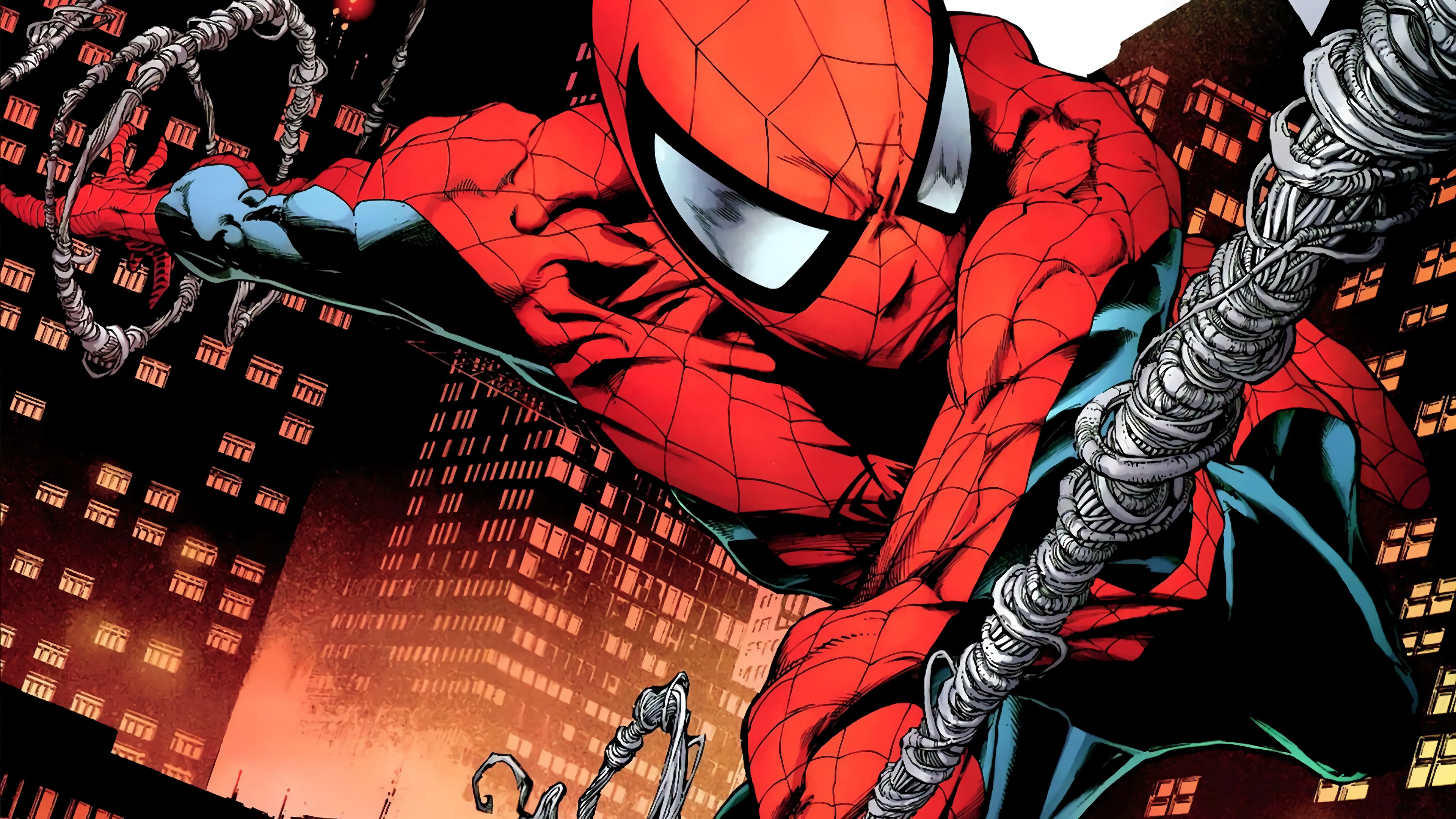Spider-Man swinging through a city at night HD Wallpaper