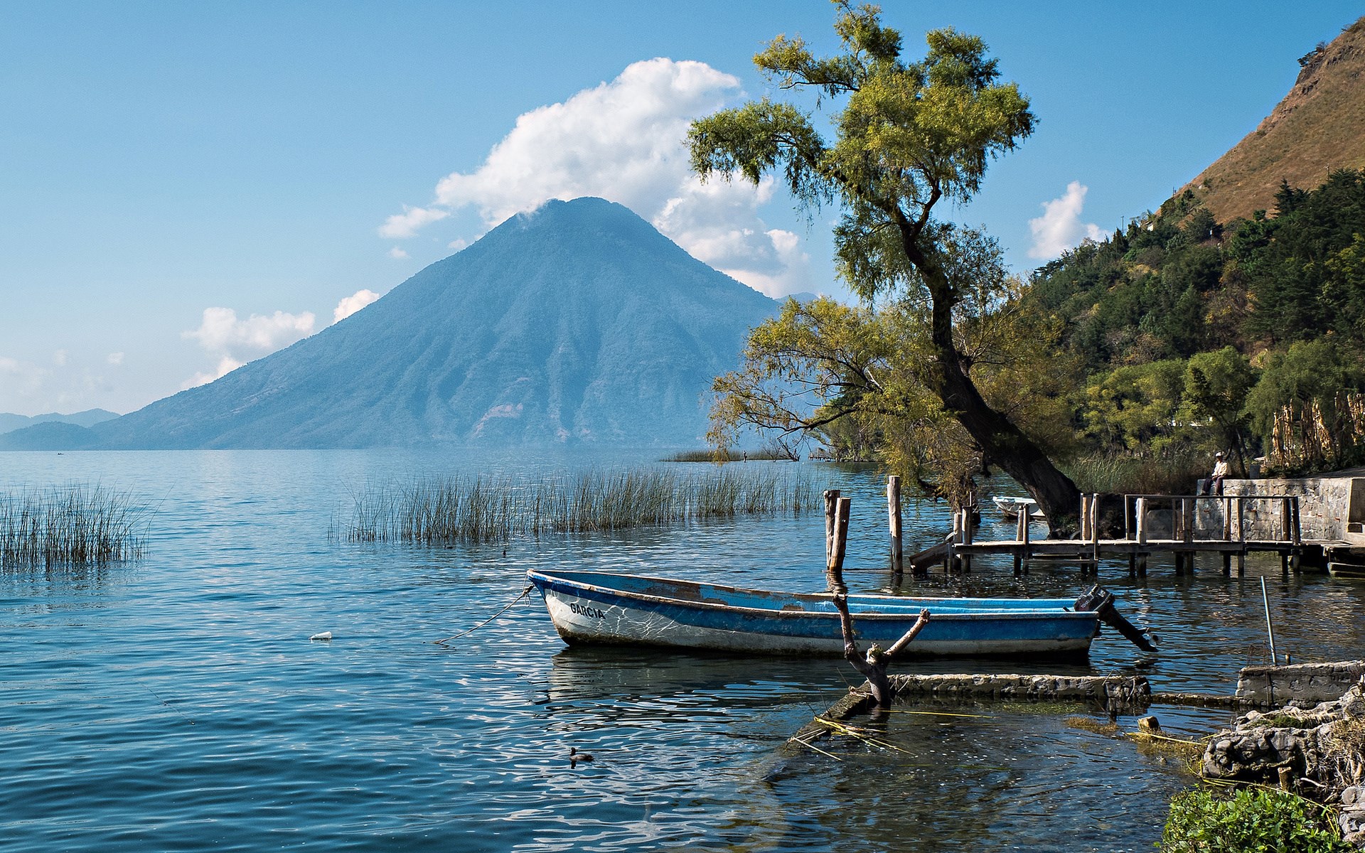 Volcano and Lake Atitlan with a Boat and Dock HD Wallpaper