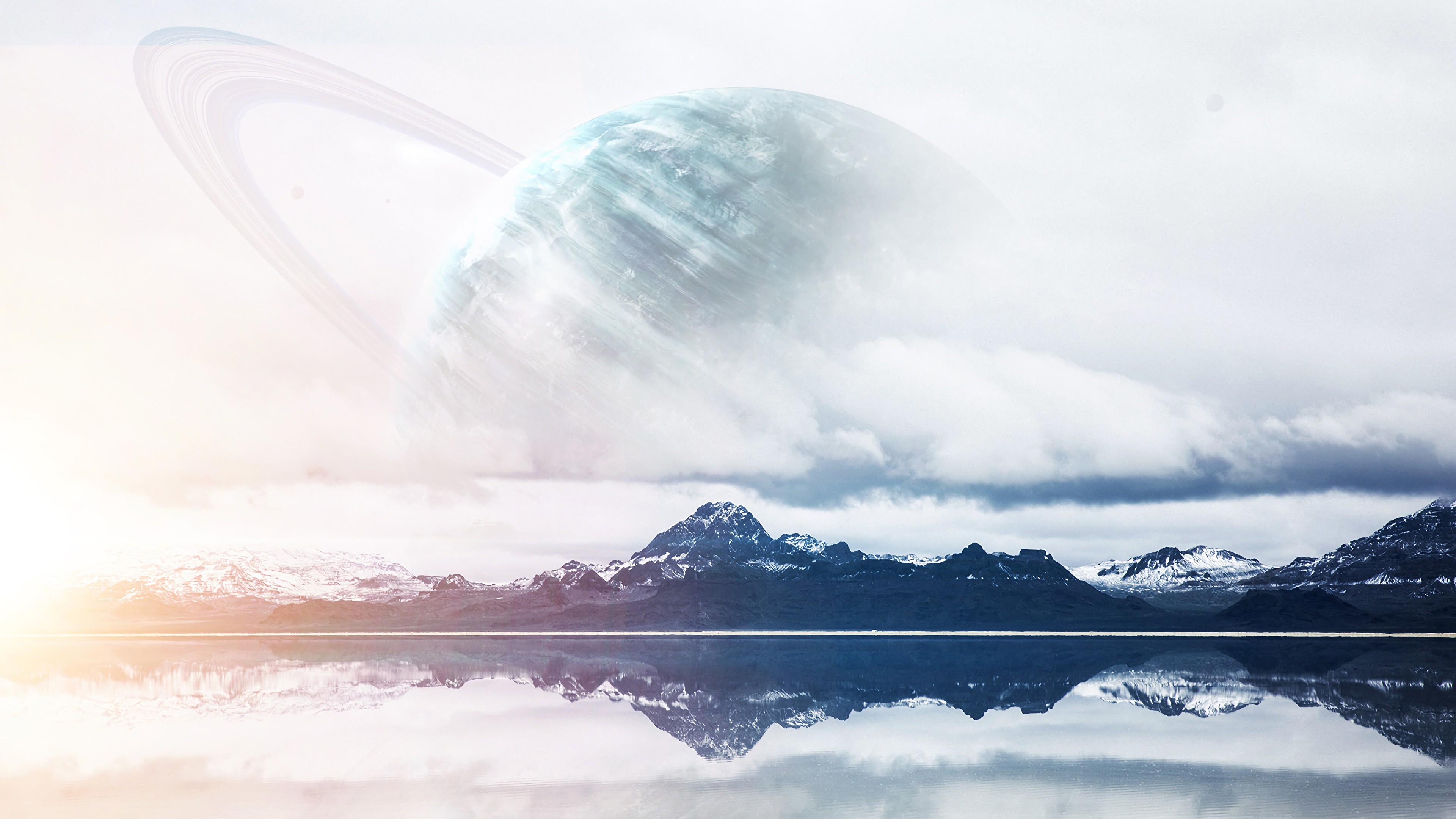 Planet with Rings over Mountains and Lake HD Wallpaper