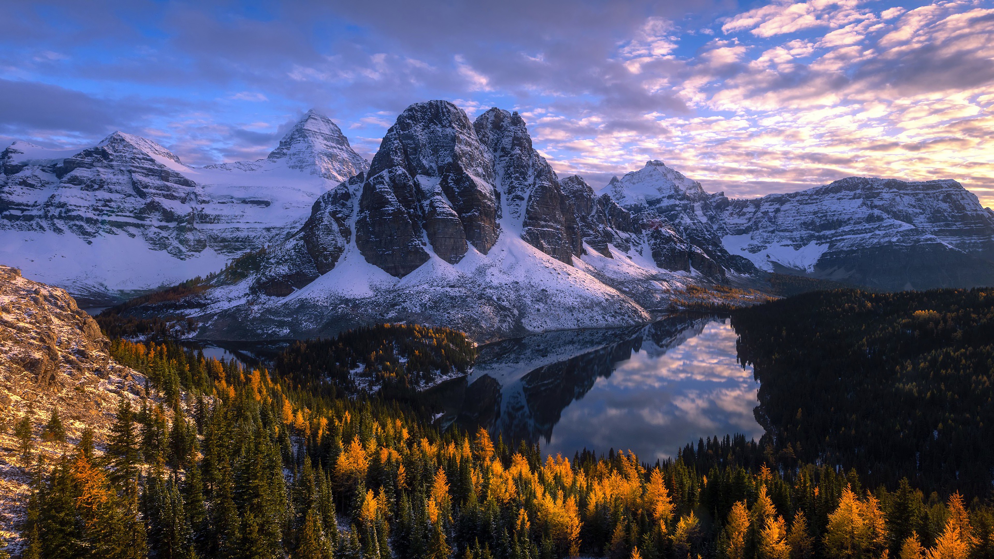 Snow-capped Mountains Reflecting in a Lake with Autumn Forest HD Wallpaper