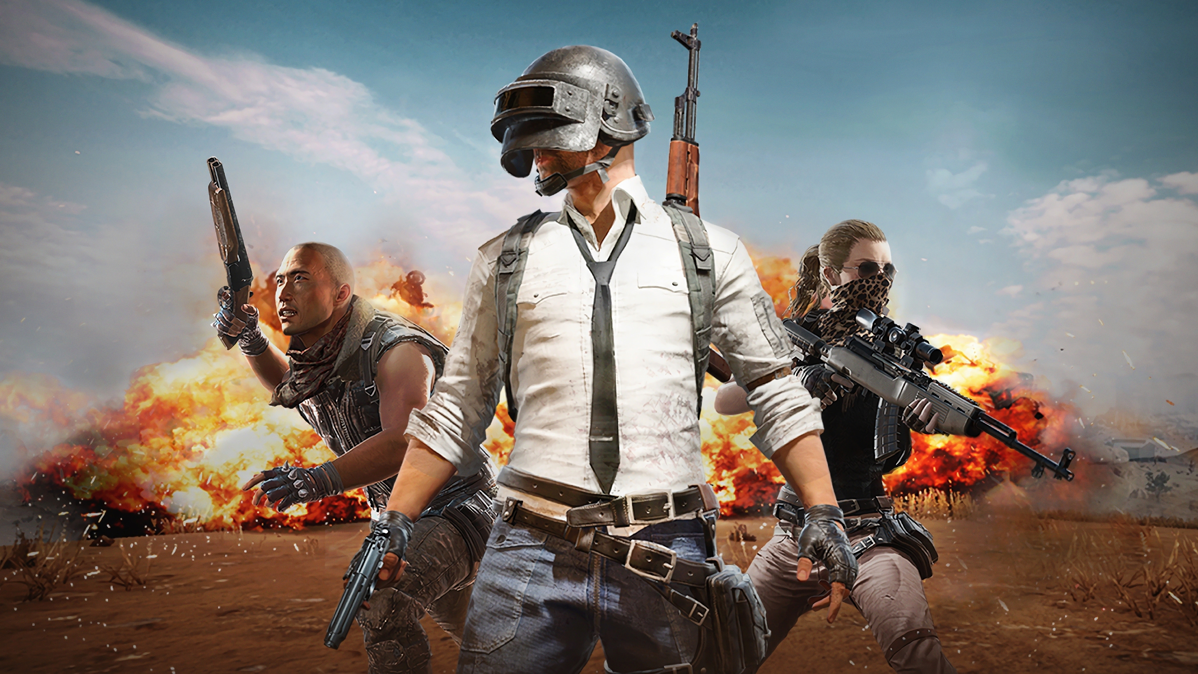 PlayerUnknowns Battlegrounds characters in front of explosion HD Wallpaper