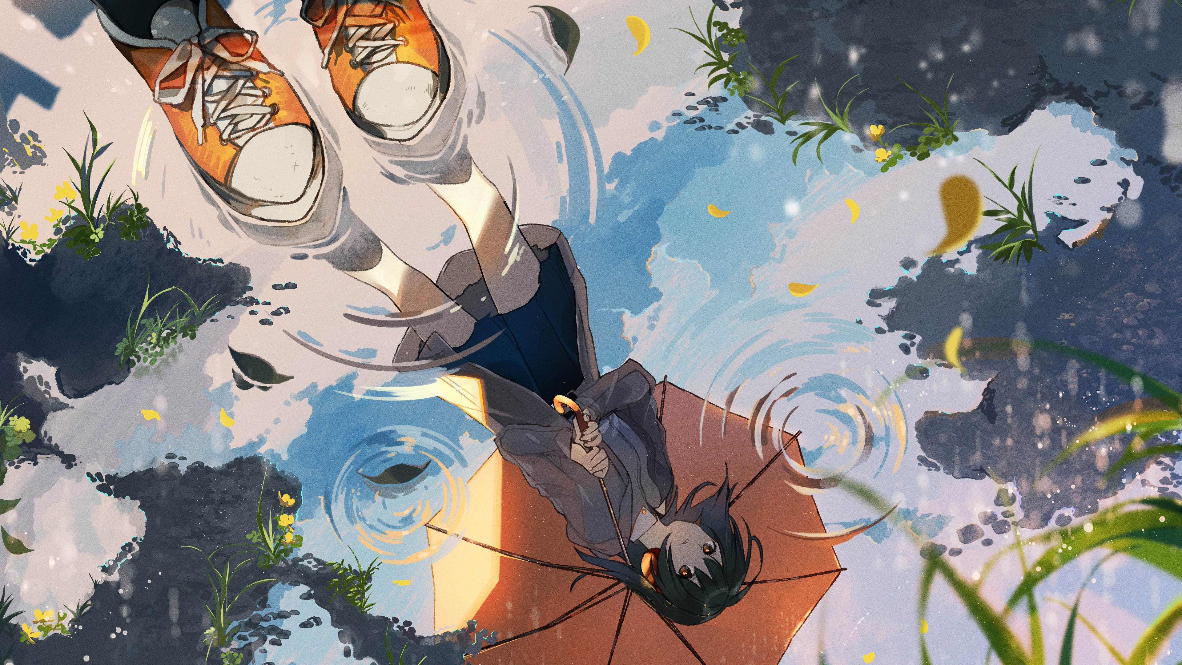Anime girl with umbrella reflected in water HD Wallpaper