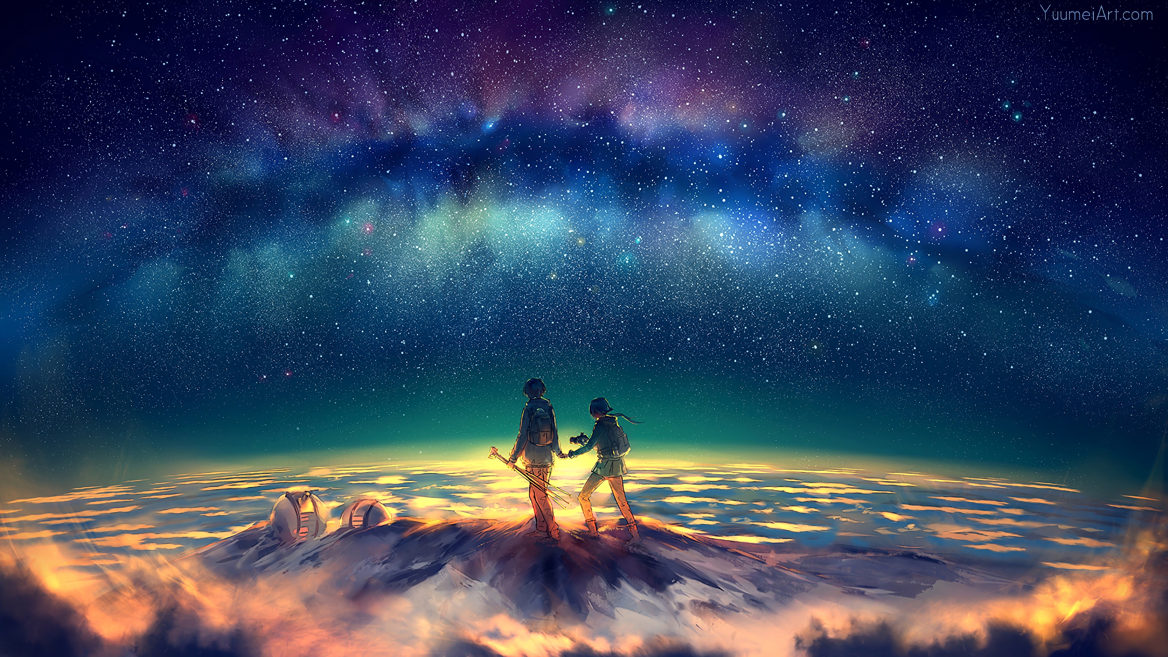 Anime couple on a mountain under the stars 4K HD Wallpaper