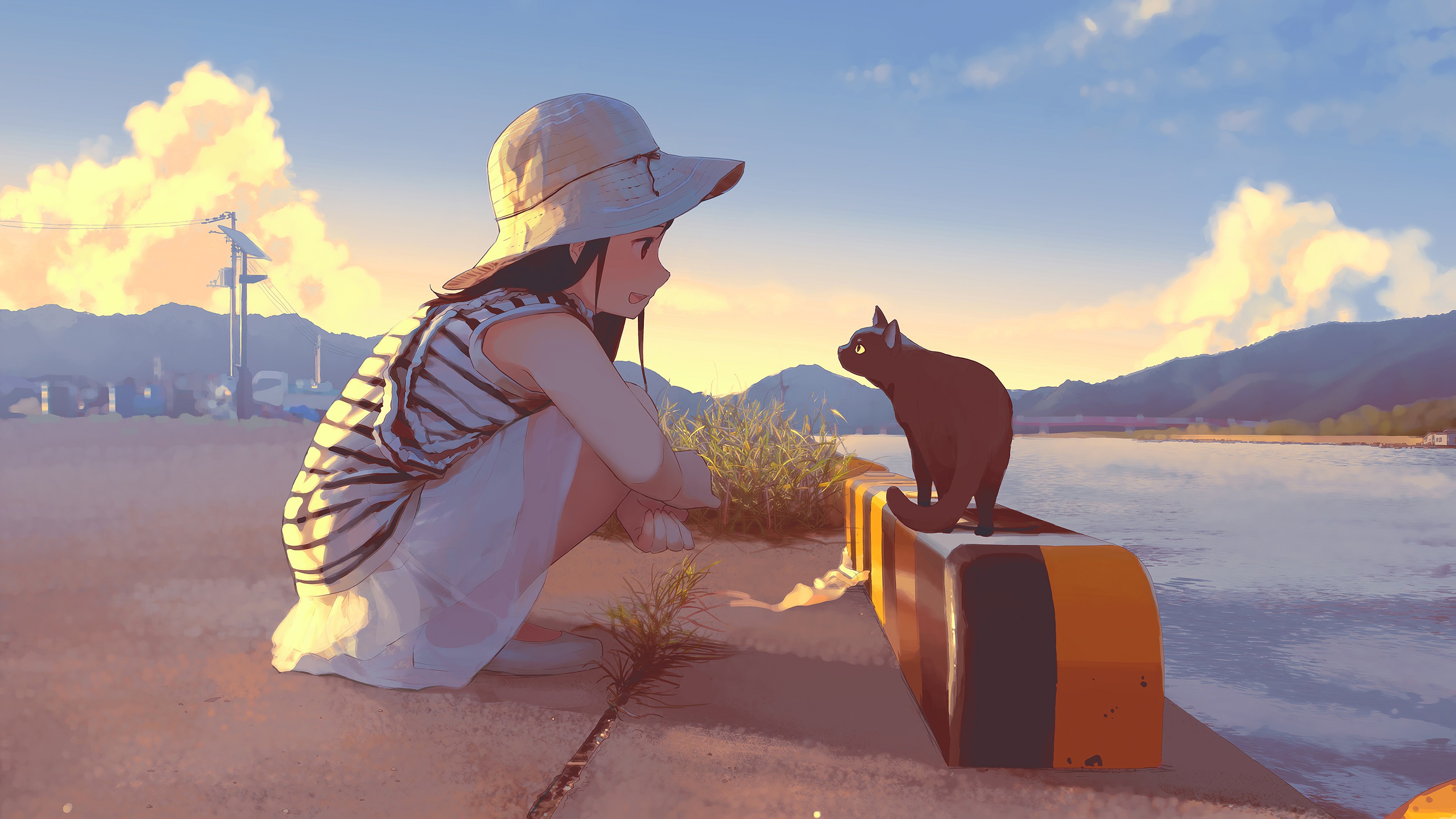 Anime girl and cat by the water at sunset 4K HD Wallpaper