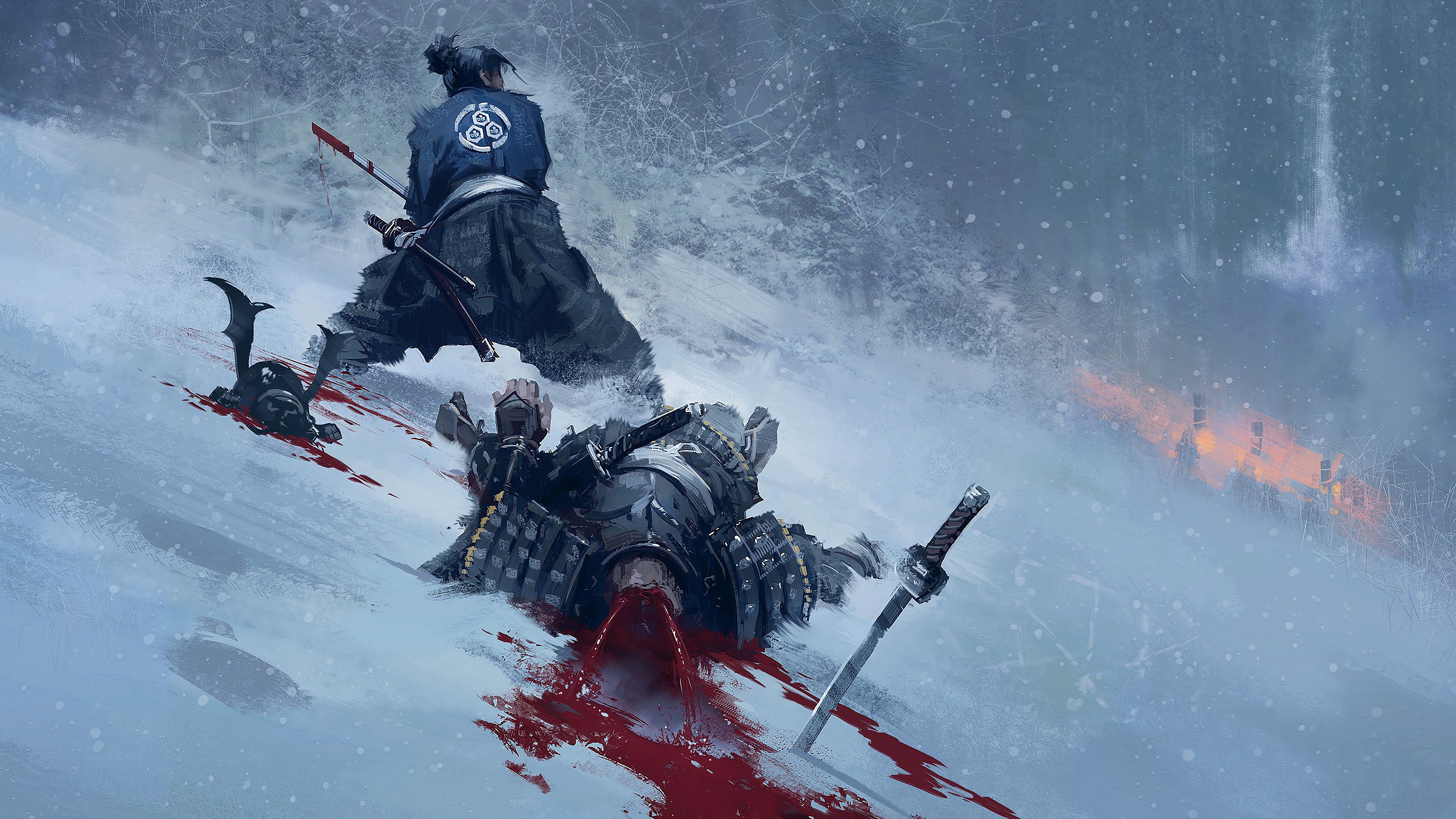 Samurai fight in snow with burning village HD Wallpaper