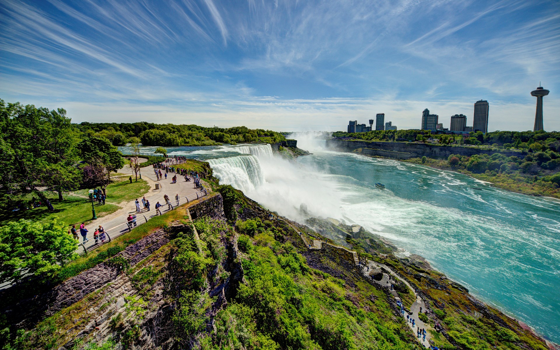 Niagara Falls with city skyline and observation tower HD Wallpaper