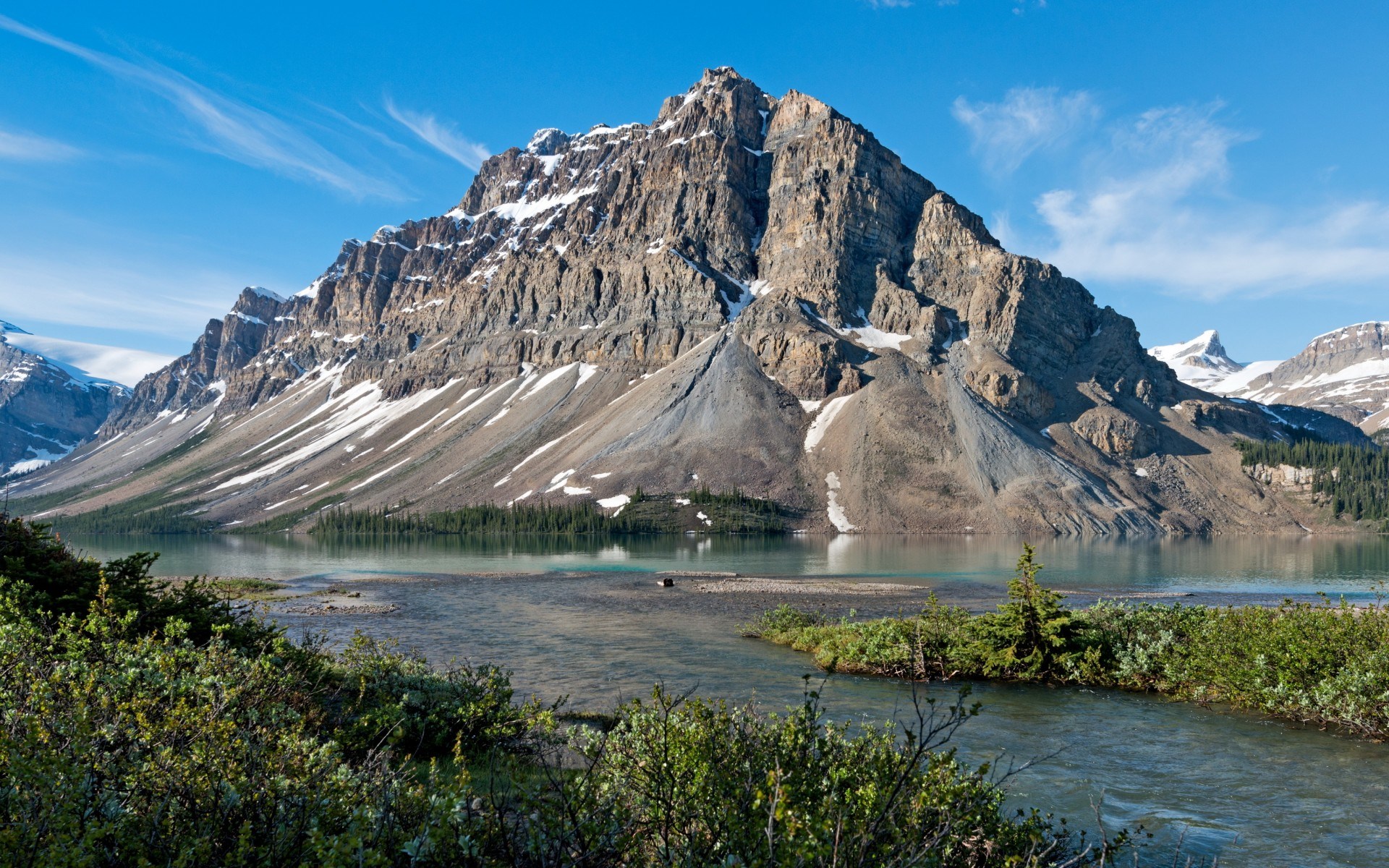Mountain and Lake Landscape with Trees and Sky HD Wallpaper