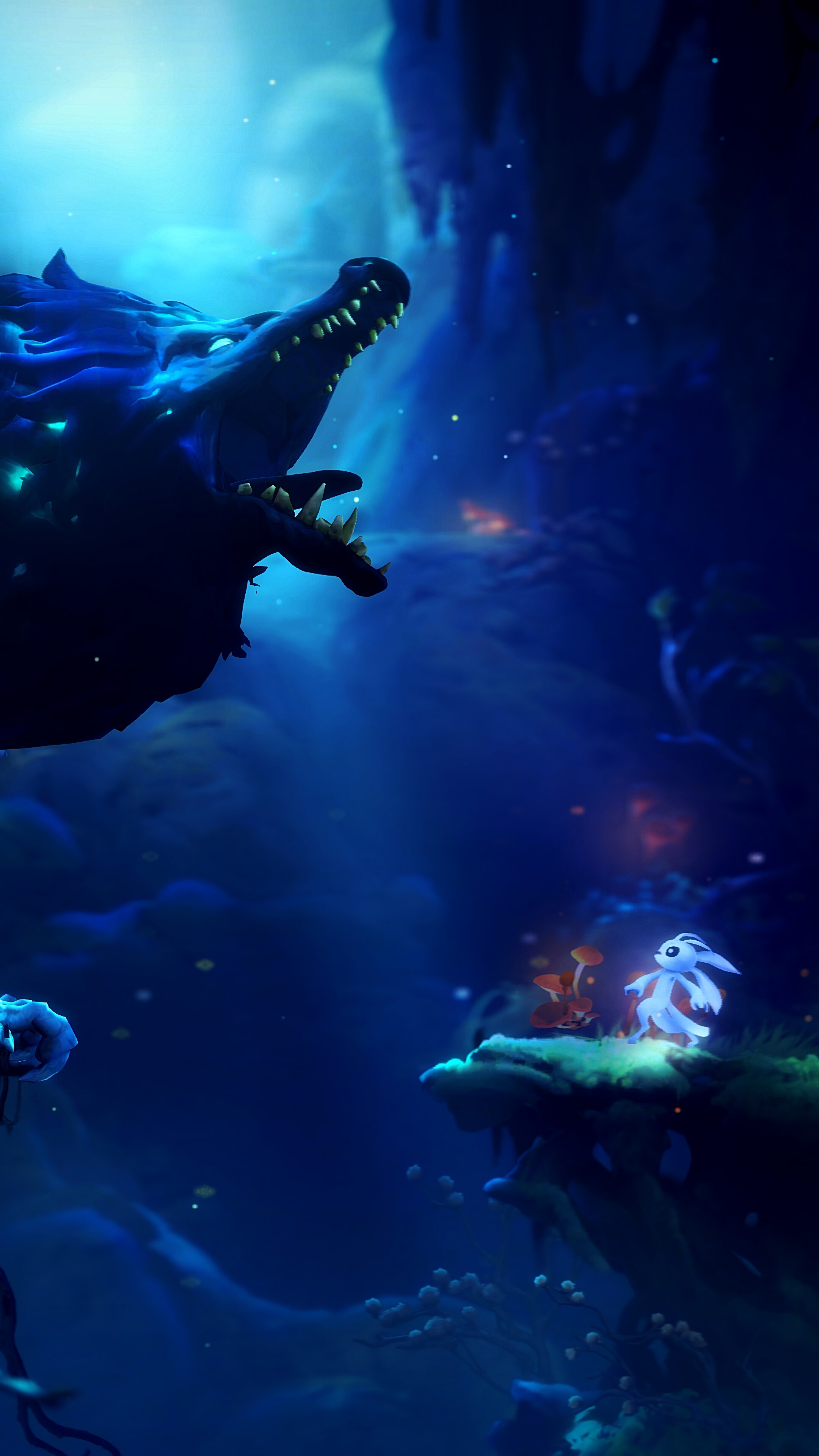 Ori from Ori and the Will of the Wisps facing a wolf HD Phone Wallpaper