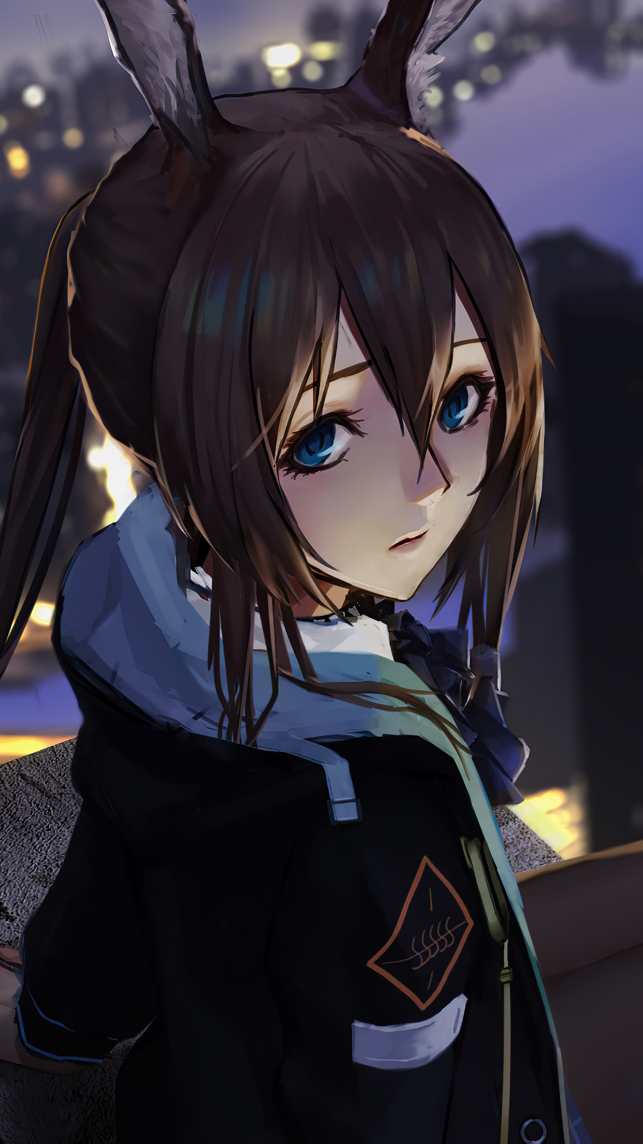 Amiya from Arknights in a city at night 4K HD Phone Wallpaper