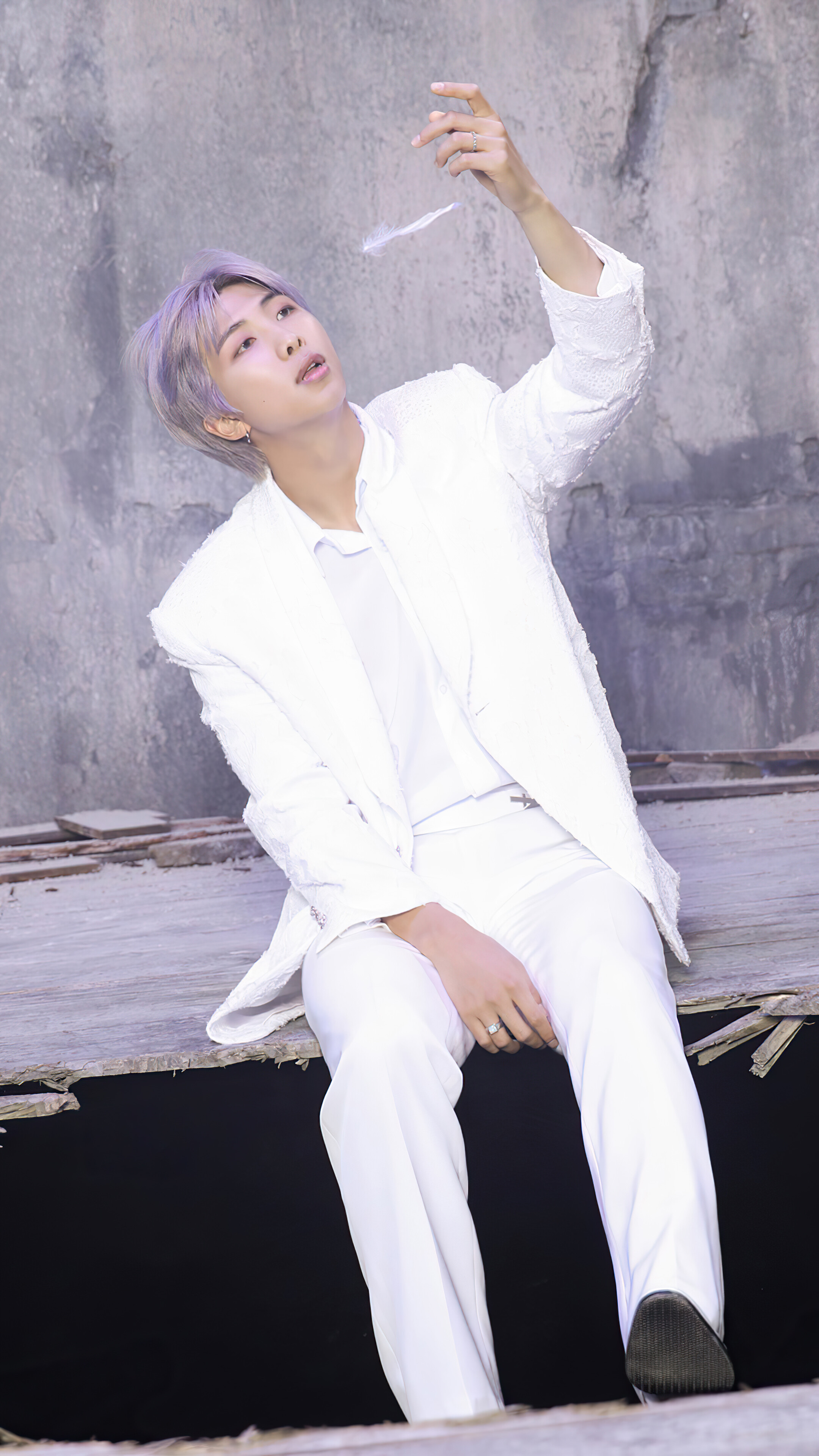 RM from BTS in white suit HD Phone Wallpaper