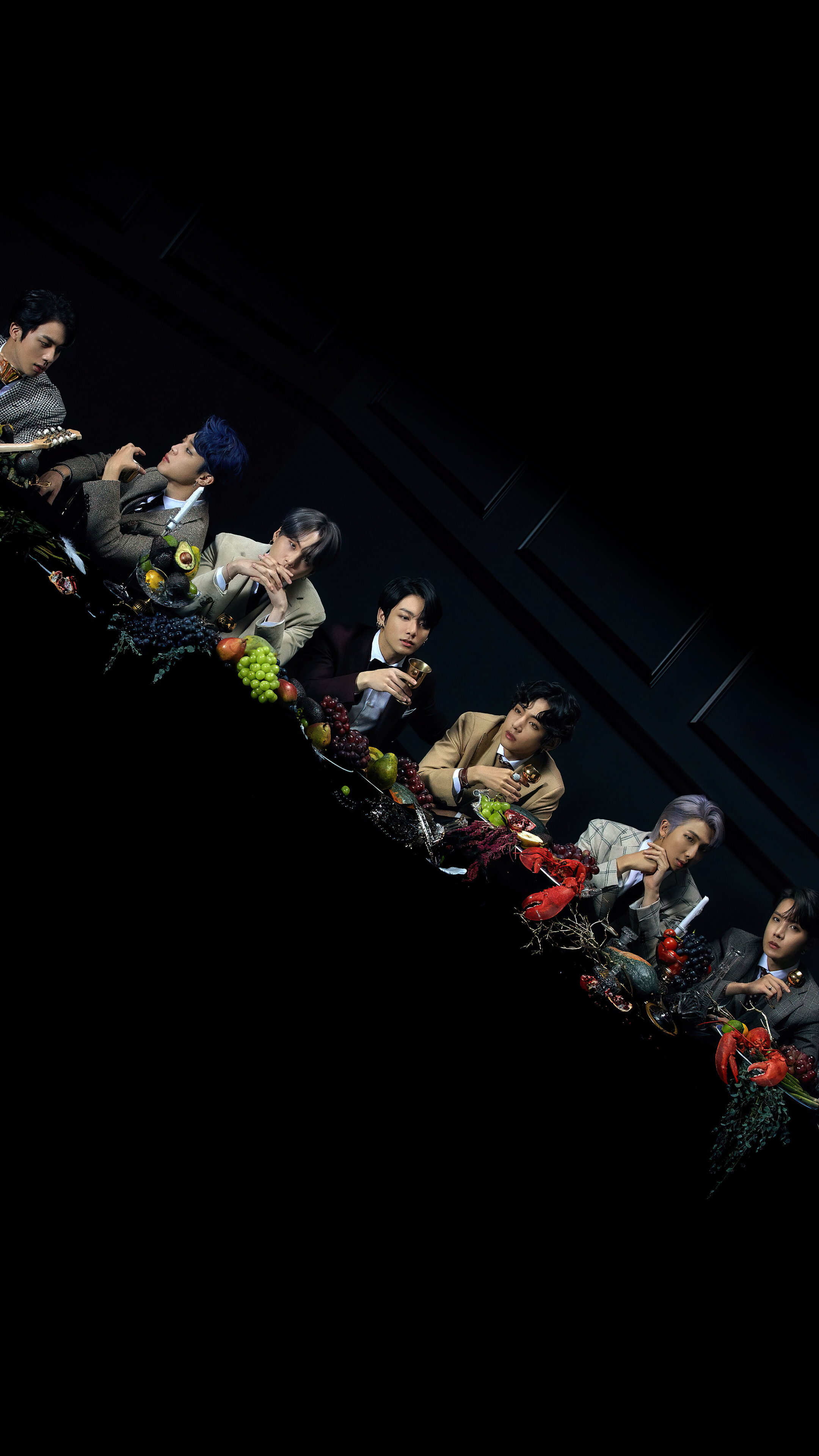 BTS members at a table with fruit HD Phone Wallpaper