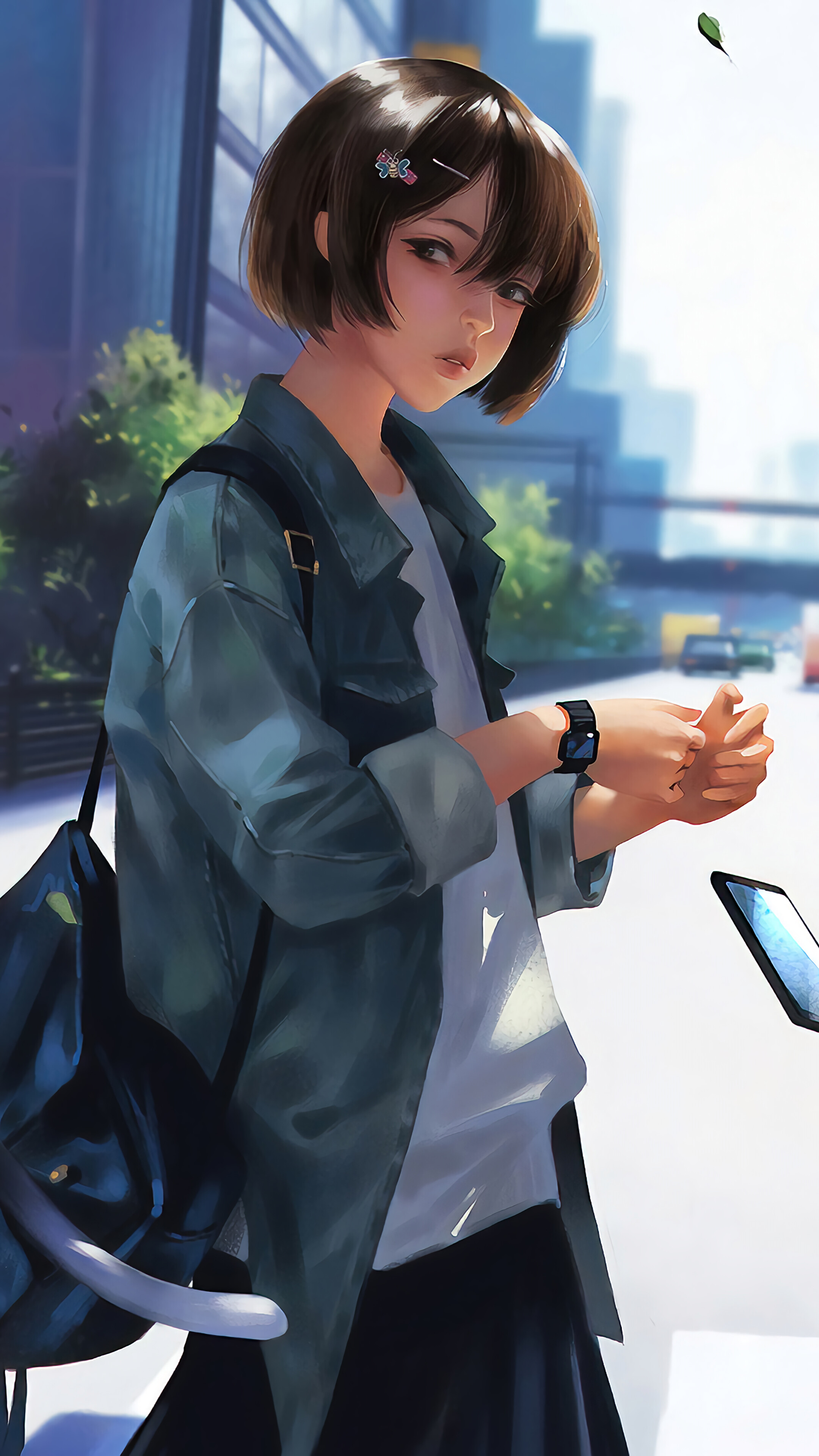 Anime Girl with Cat Backpack Checking Smartwatch 4K HD Phone Wallpaper