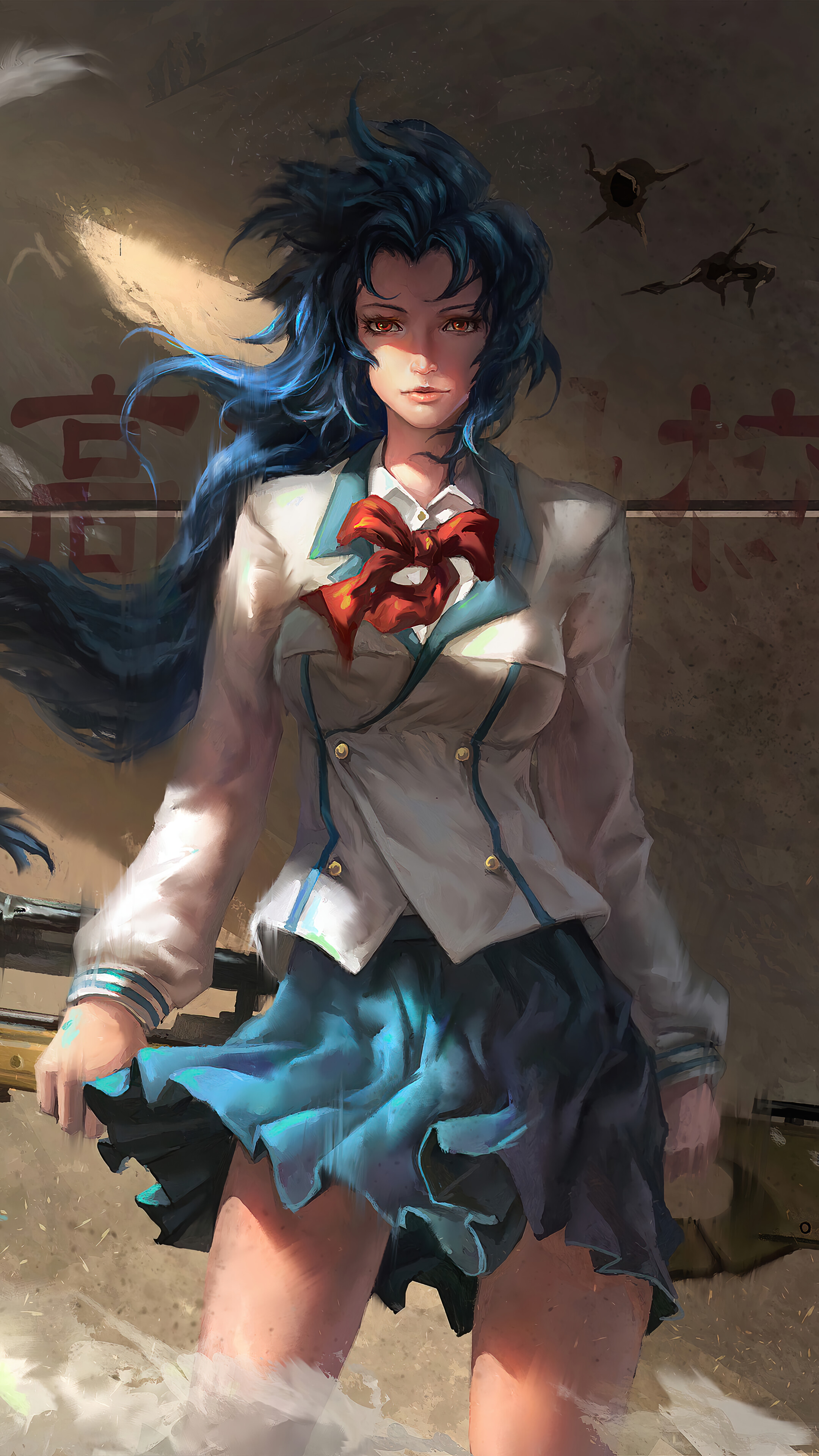 Anime girl with blue hair and sniper rifle HD Phone Wallpaper