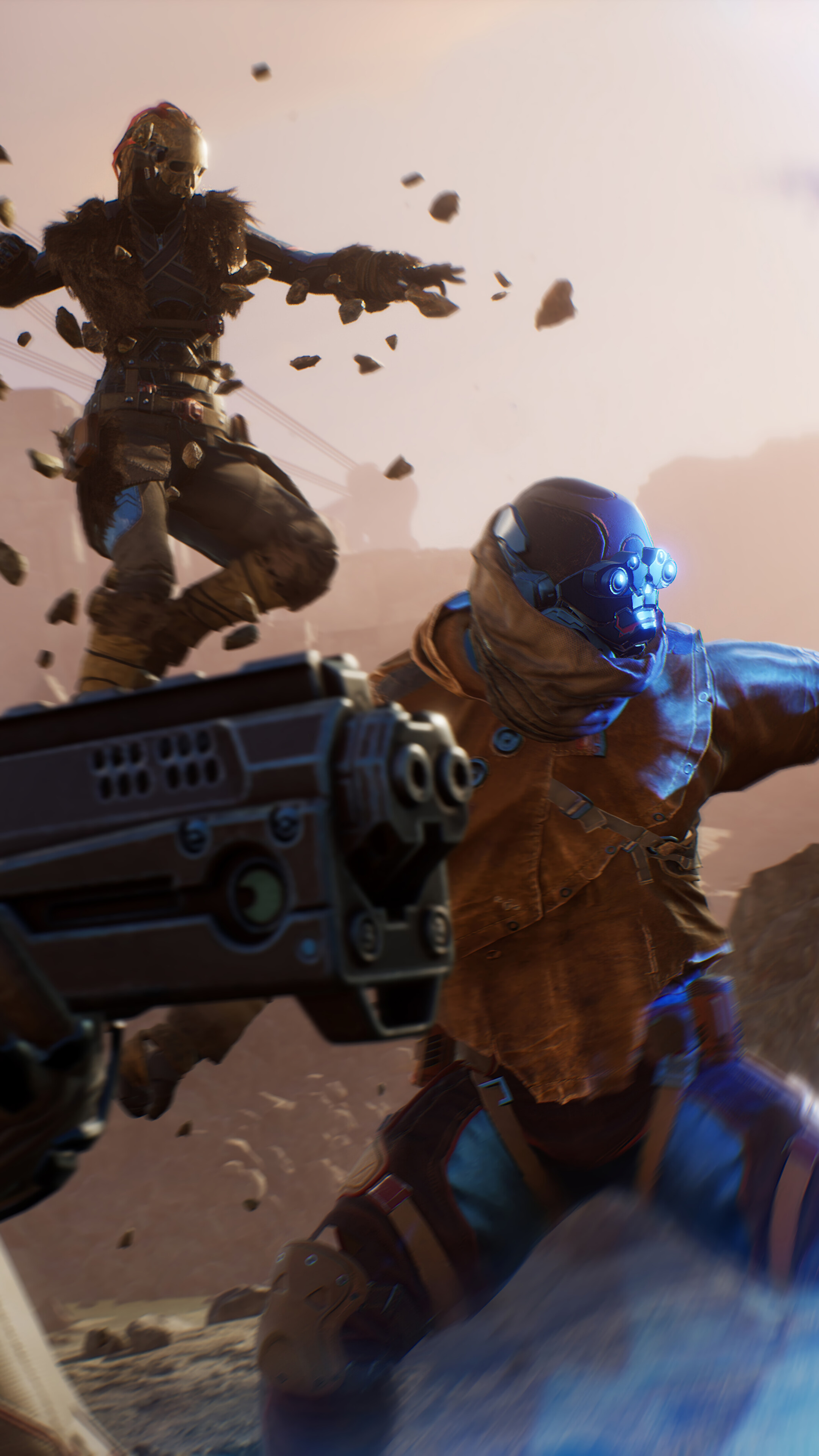 Outriders characters in combat with a weapon HD Phone Wallpaper