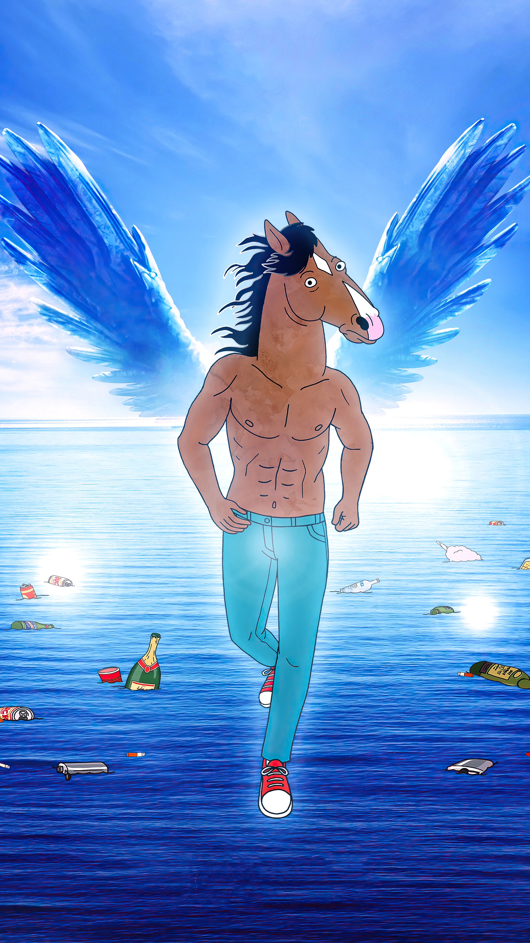 BoJack Horseman with blue wings over the ocean HD Phone Wallpaper
