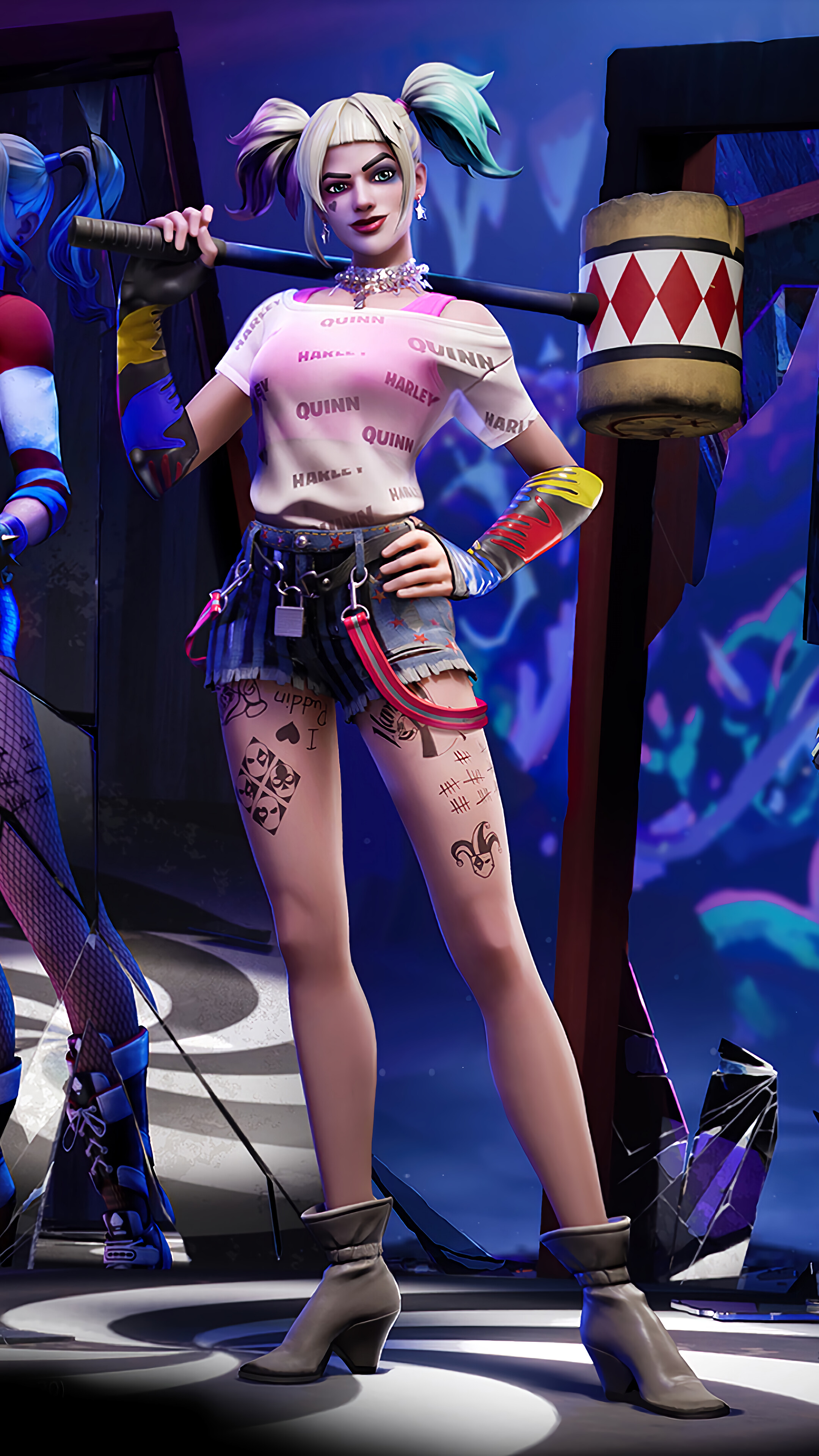 Harley Quinn from Fortnite holding a hammer HD Phone Wallpaper
