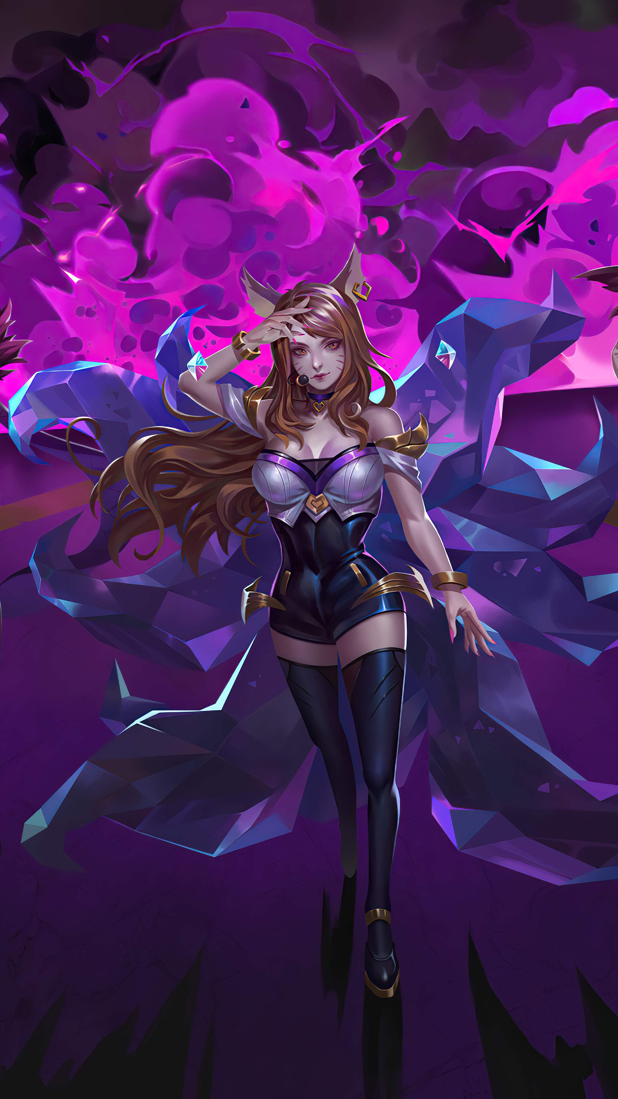 Ahri from K/DA with purple smoke and crystals HD Phone Wallpaper
