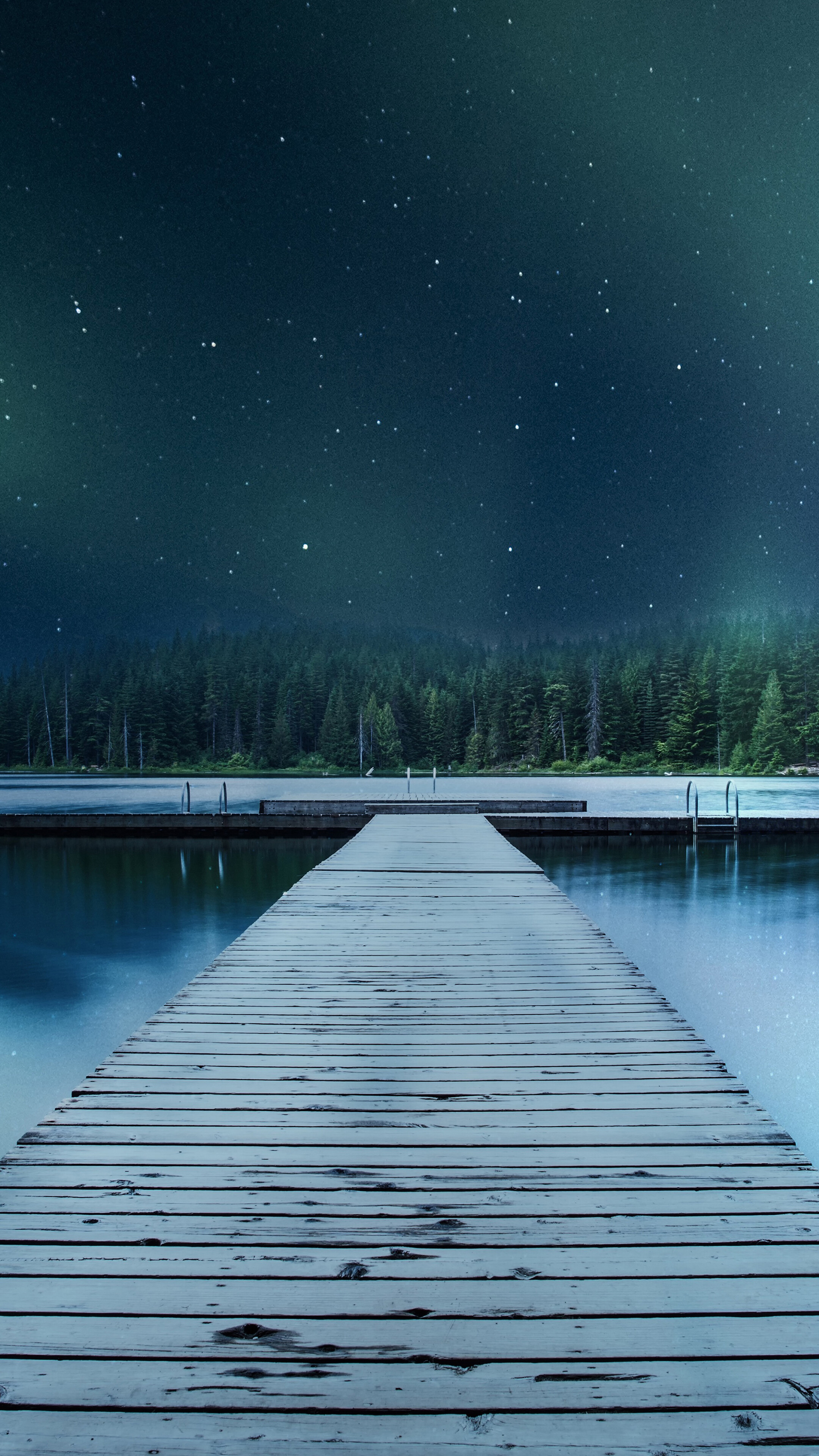 Wooden dock on a lake under a starry night sky HD Phone Wallpaper