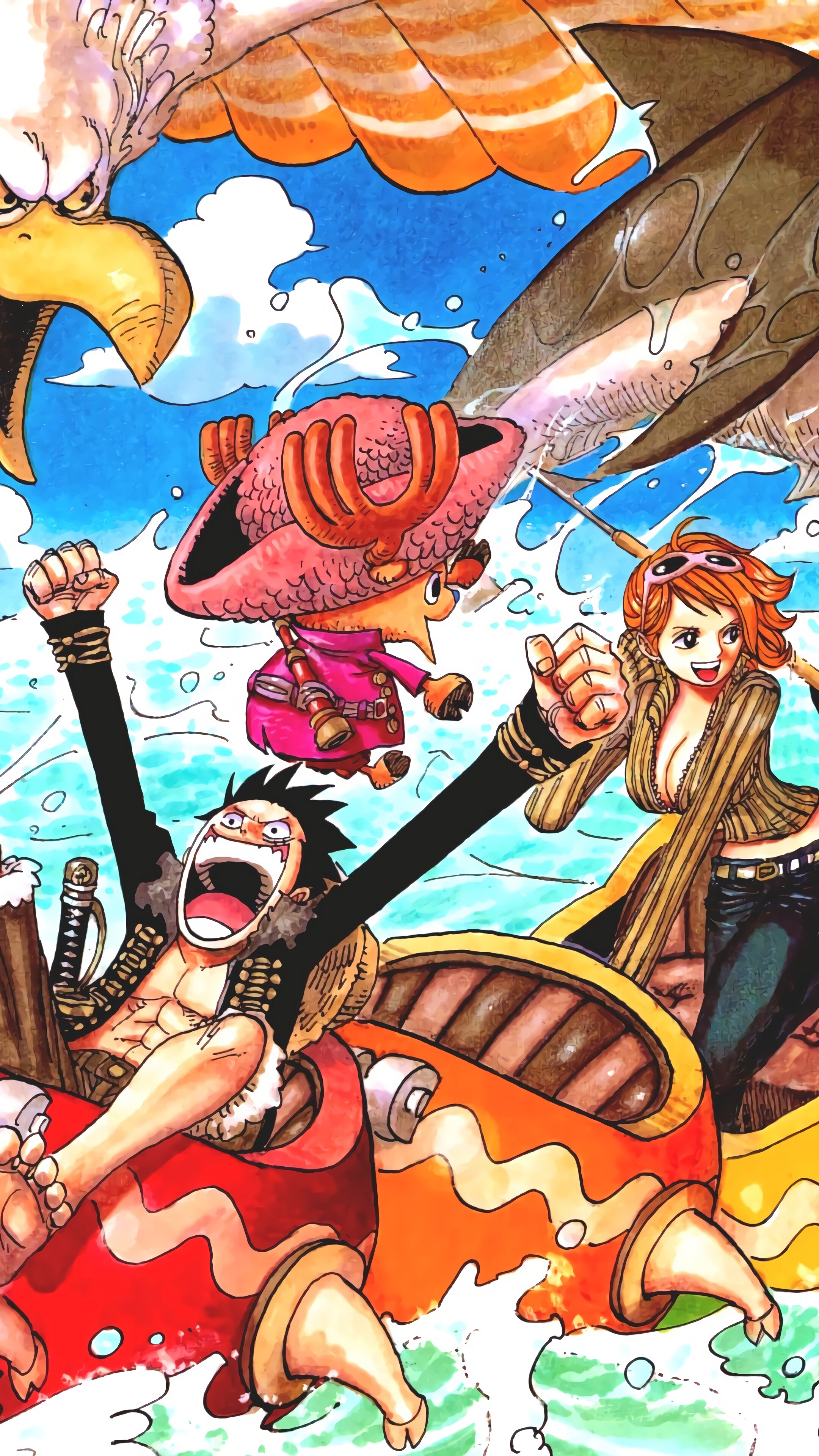One Piece: Straw Hat Pirates on a boat with eagle and shark HD Phone Wallpaper