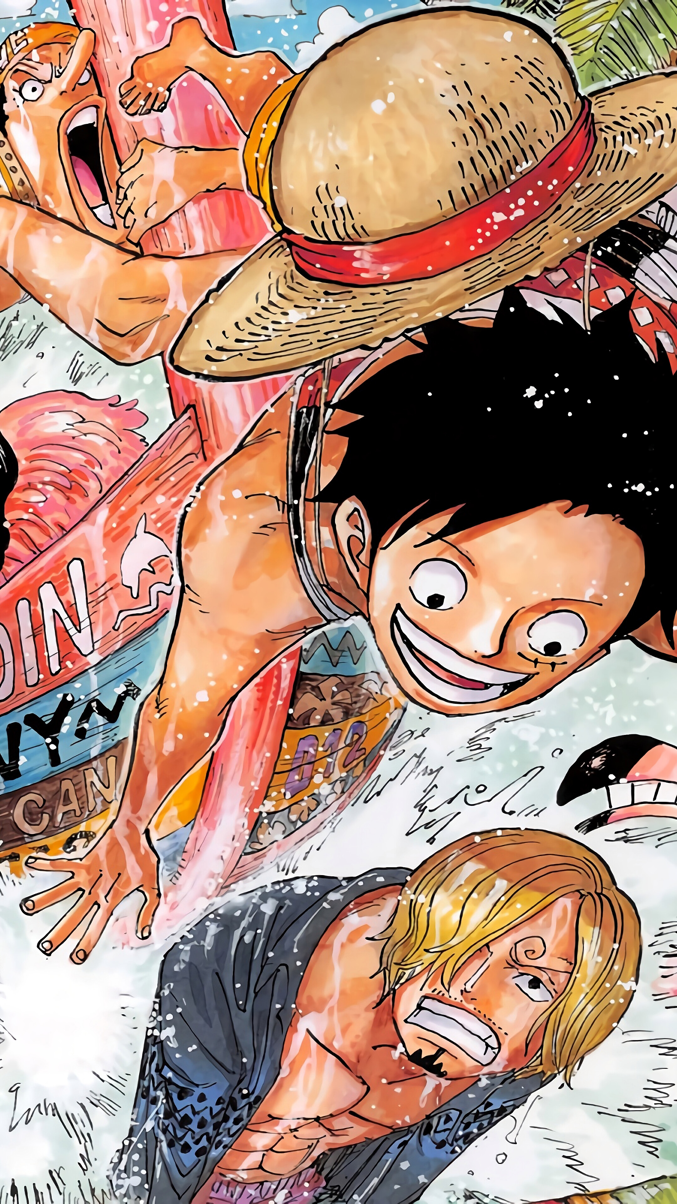 One Piece: Monkey D. Luffy, Sanji, and Usopp in Water HD Phone Wallpaper