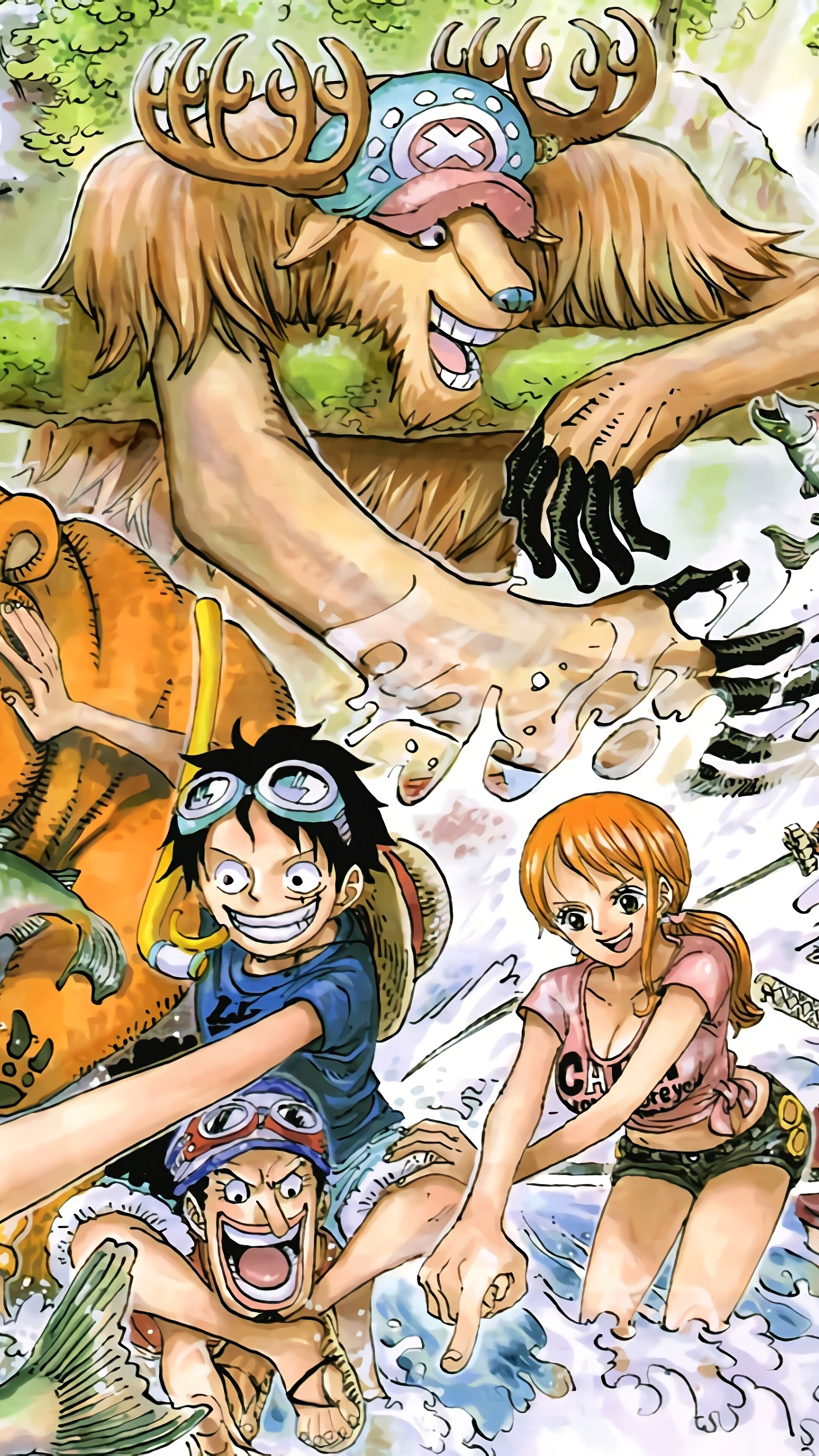 One Piece: Chopper, Luffy, Nami, and Usopp in water HD Phone Wallpaper