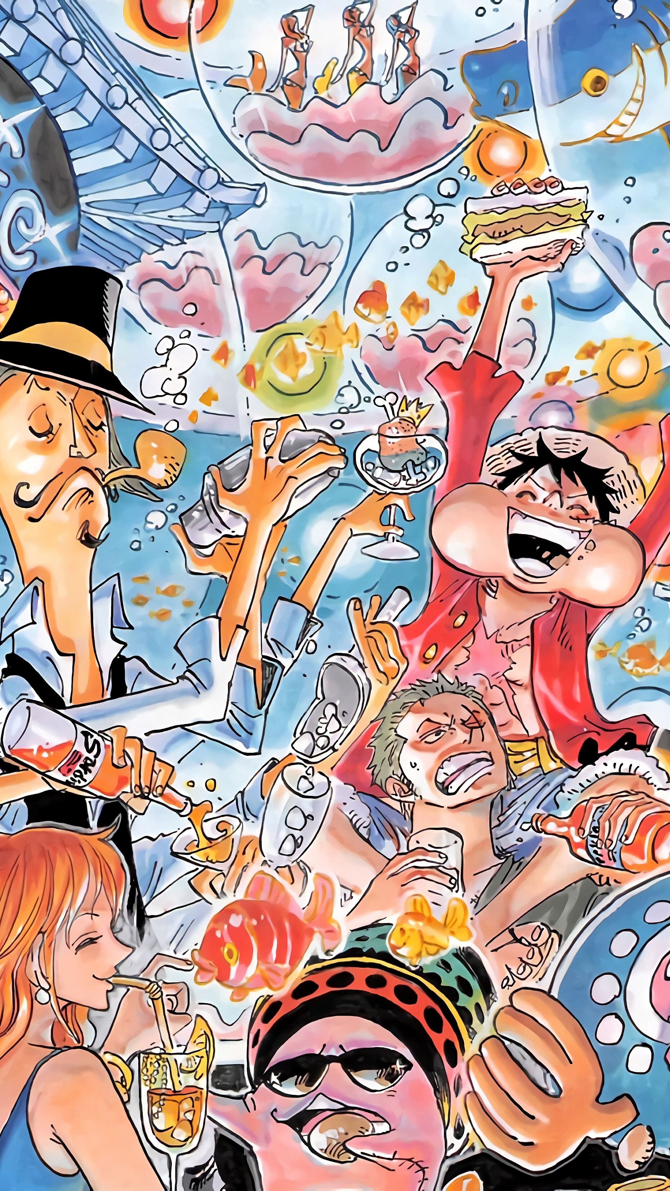 One Piece: Straw Hat Pirates celebrating with drinks and cake HD Phone Wallpaper