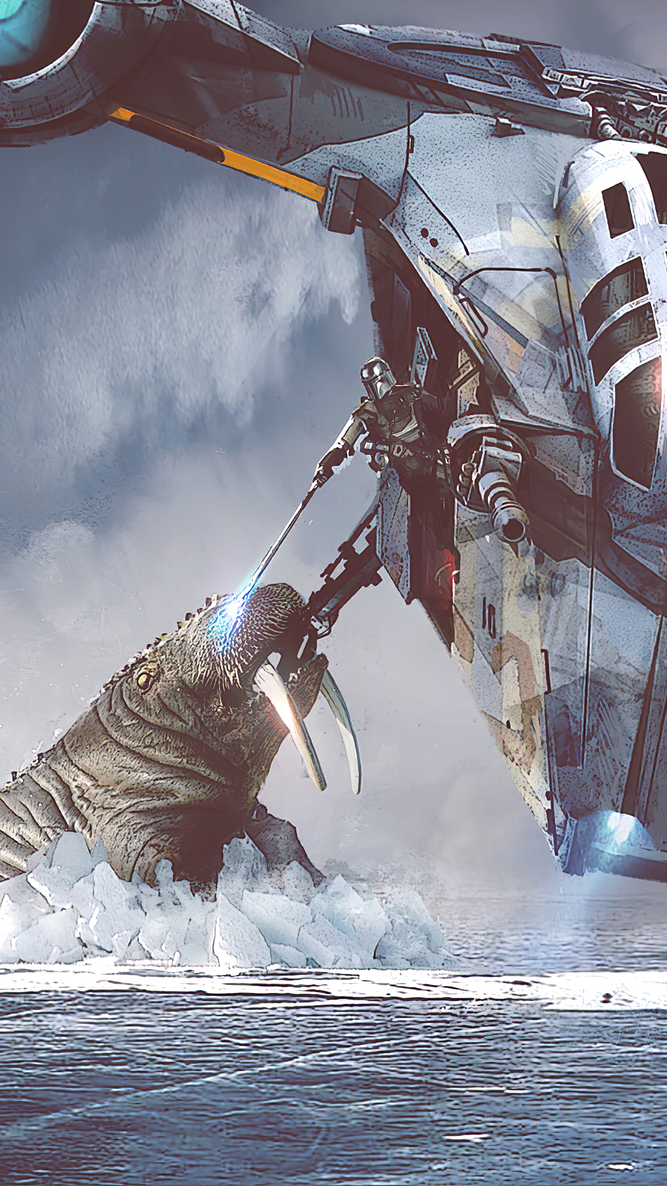 The Mandalorian fighting a large creature HD Phone Wallpaper