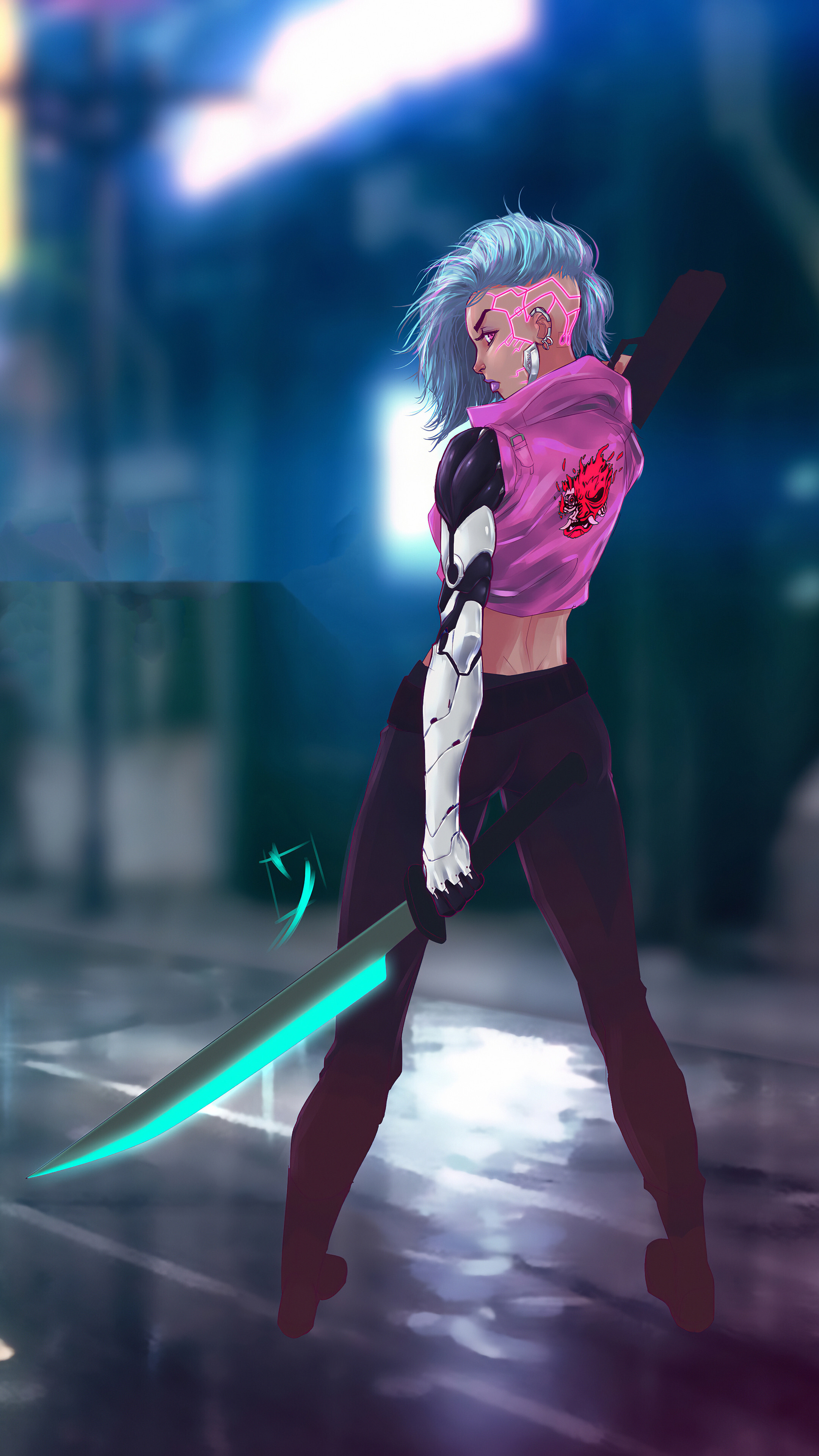 Girl with cybernetic arm and glowing sword HD Phone Wallpaper