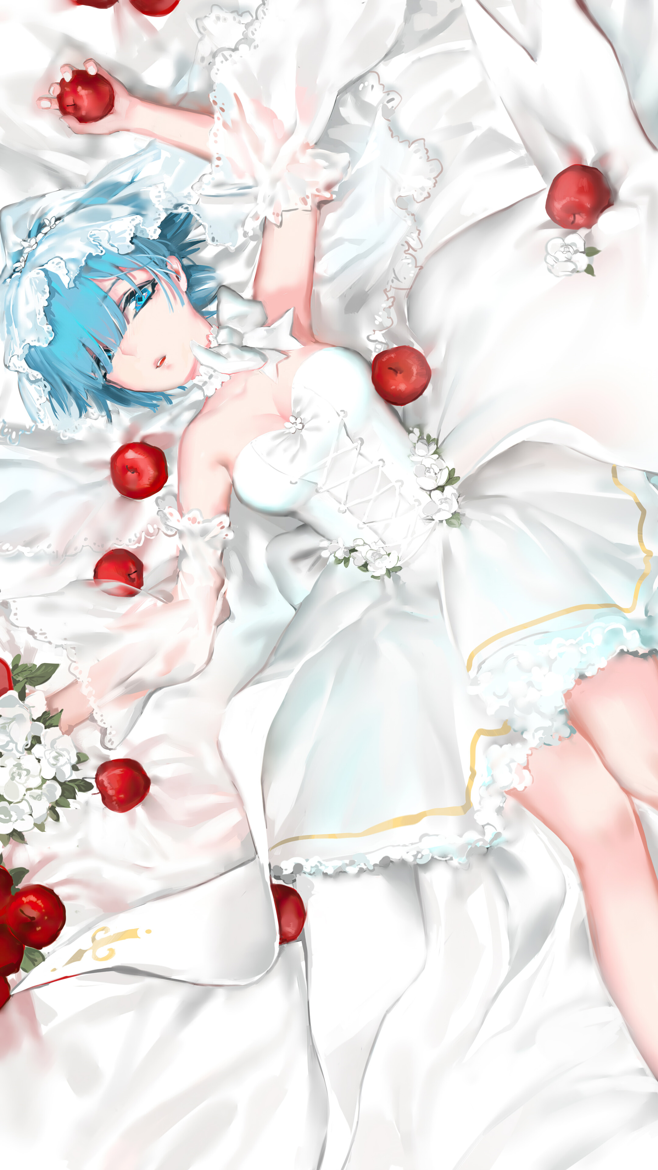 Rem from Re:Zero in a white dress with apples HD Phone Wallpaper