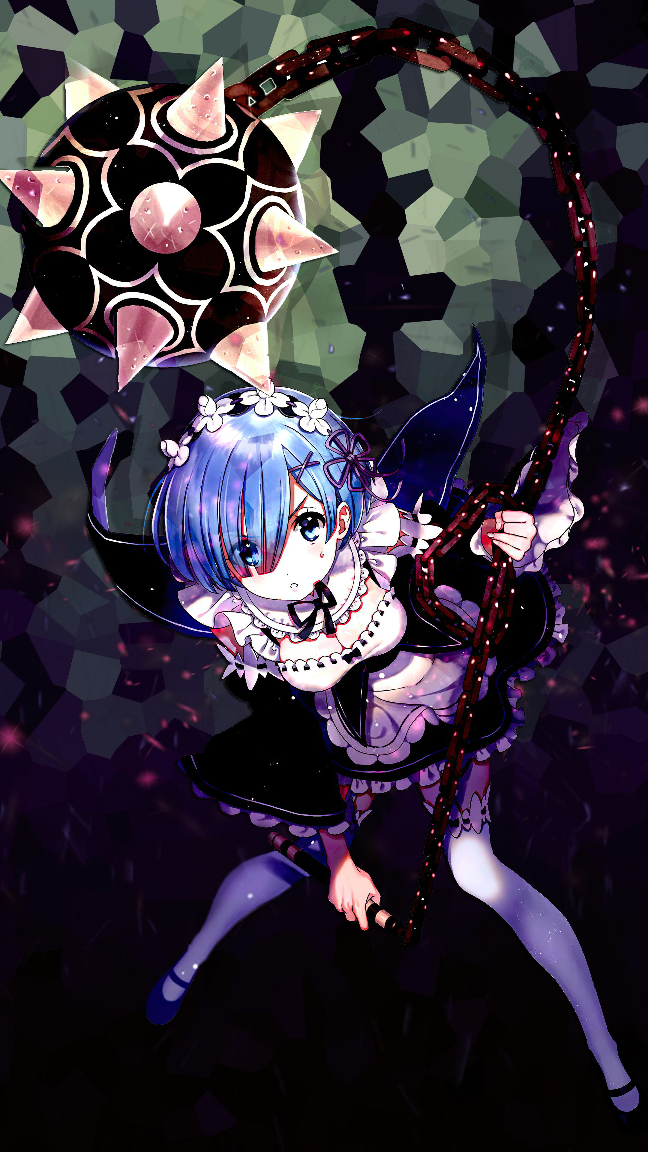 Rem from Re:Zero holding a Morning Star flail HD Phone Wallpaper