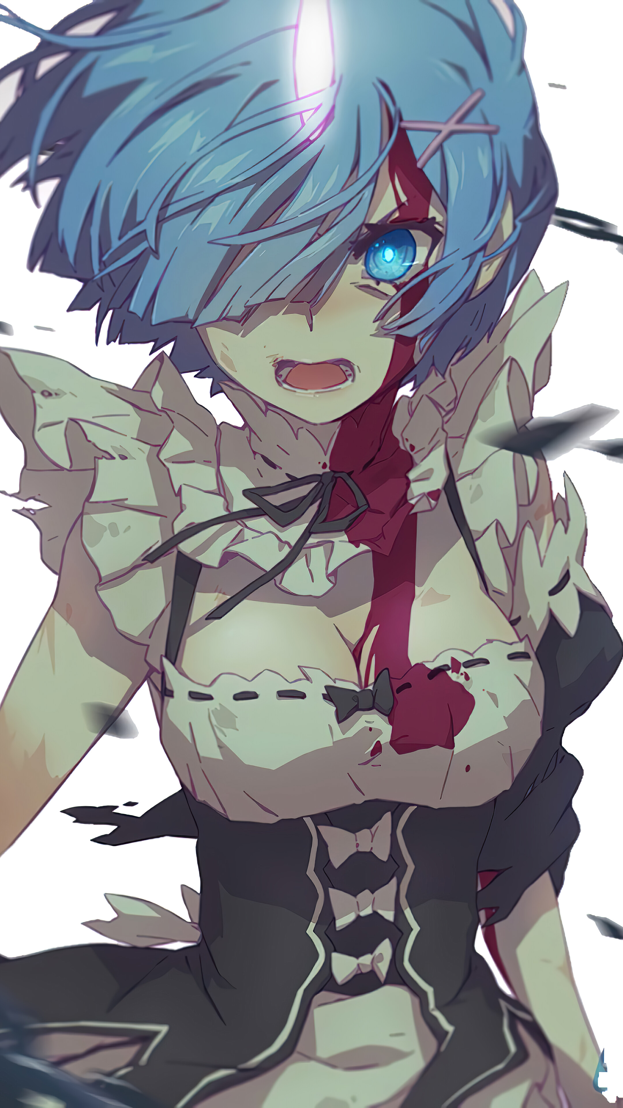 Rem from Re:Zero in Maid Outfit with Blood HD Phone Wallpaper