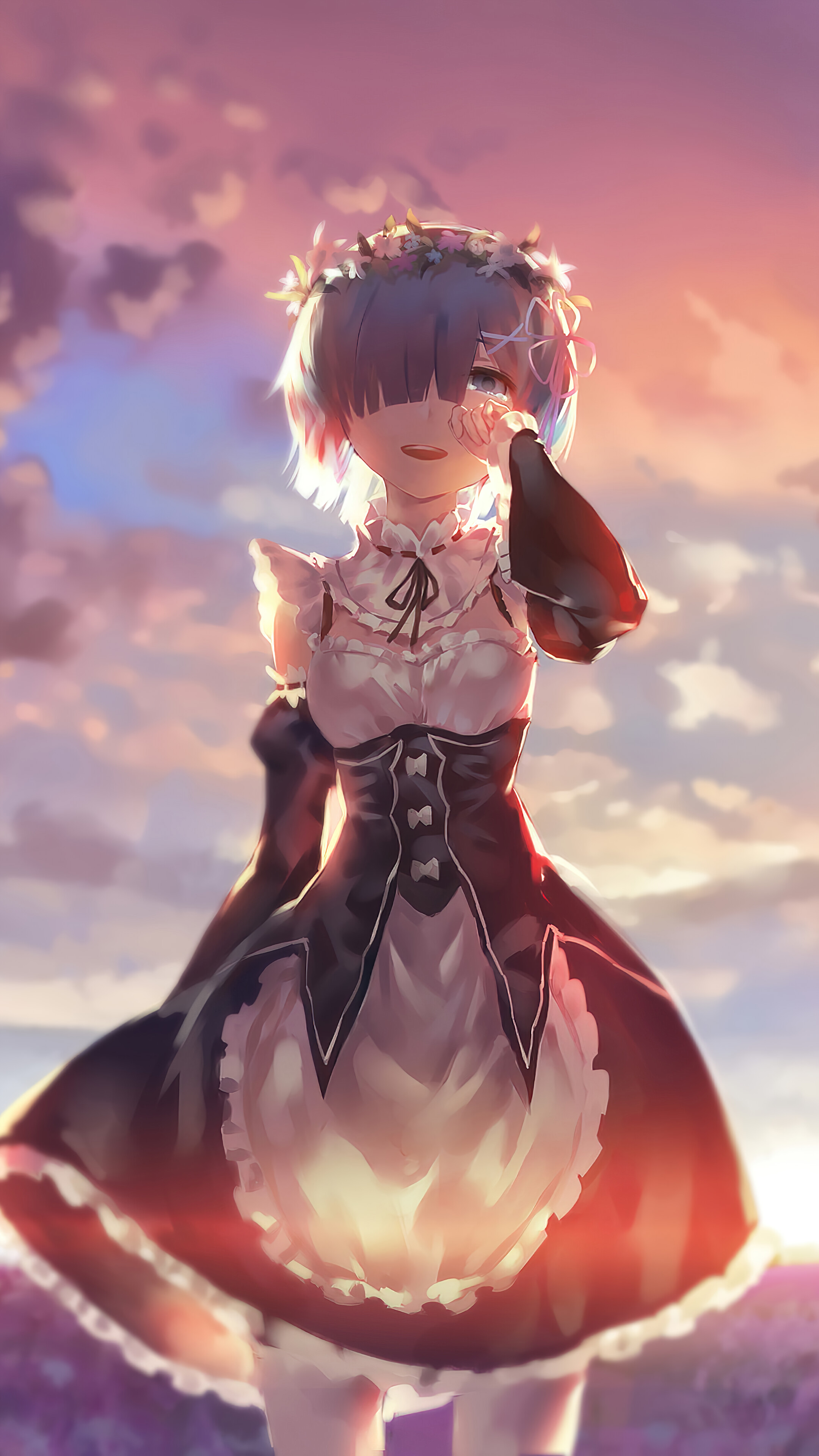 Rem from Re:Zero in a maid outfit with a flower crown HD Phone Wallpaper