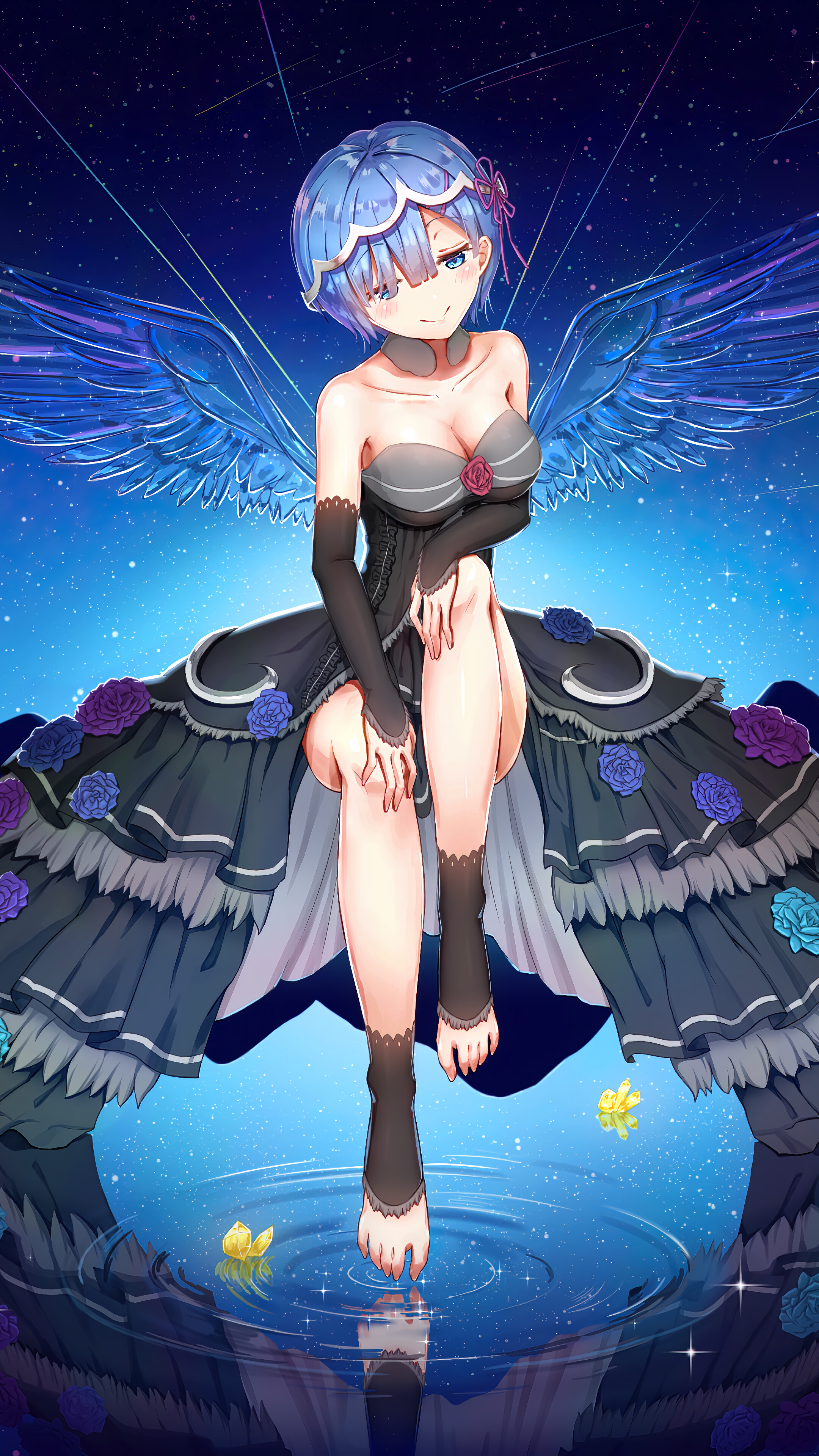 Rem from Re:Zero with wings and a black dress HD Phone Wallpaper