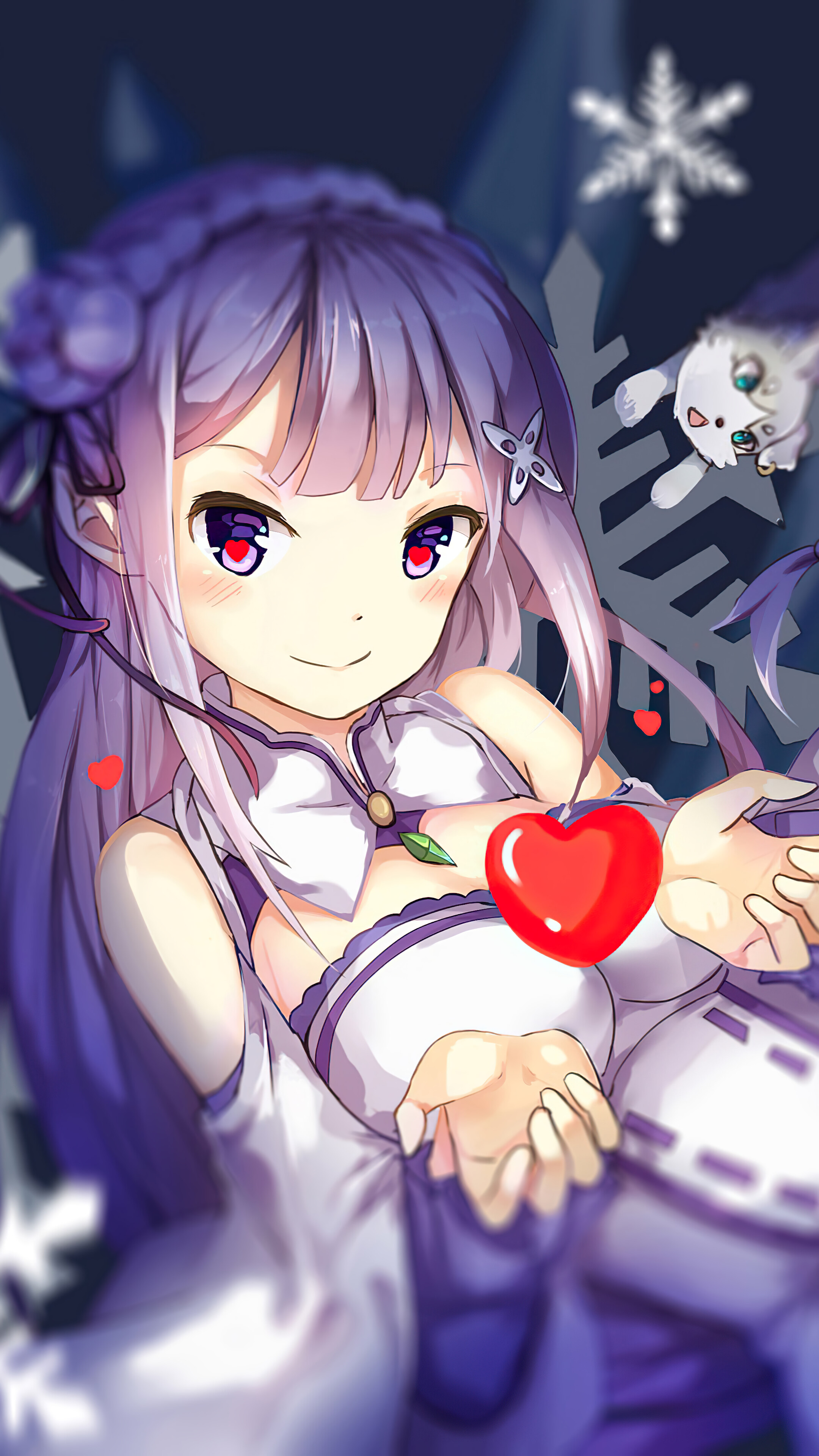 Emilia from Re:Zero holding a heart HD Phone Wallpaper