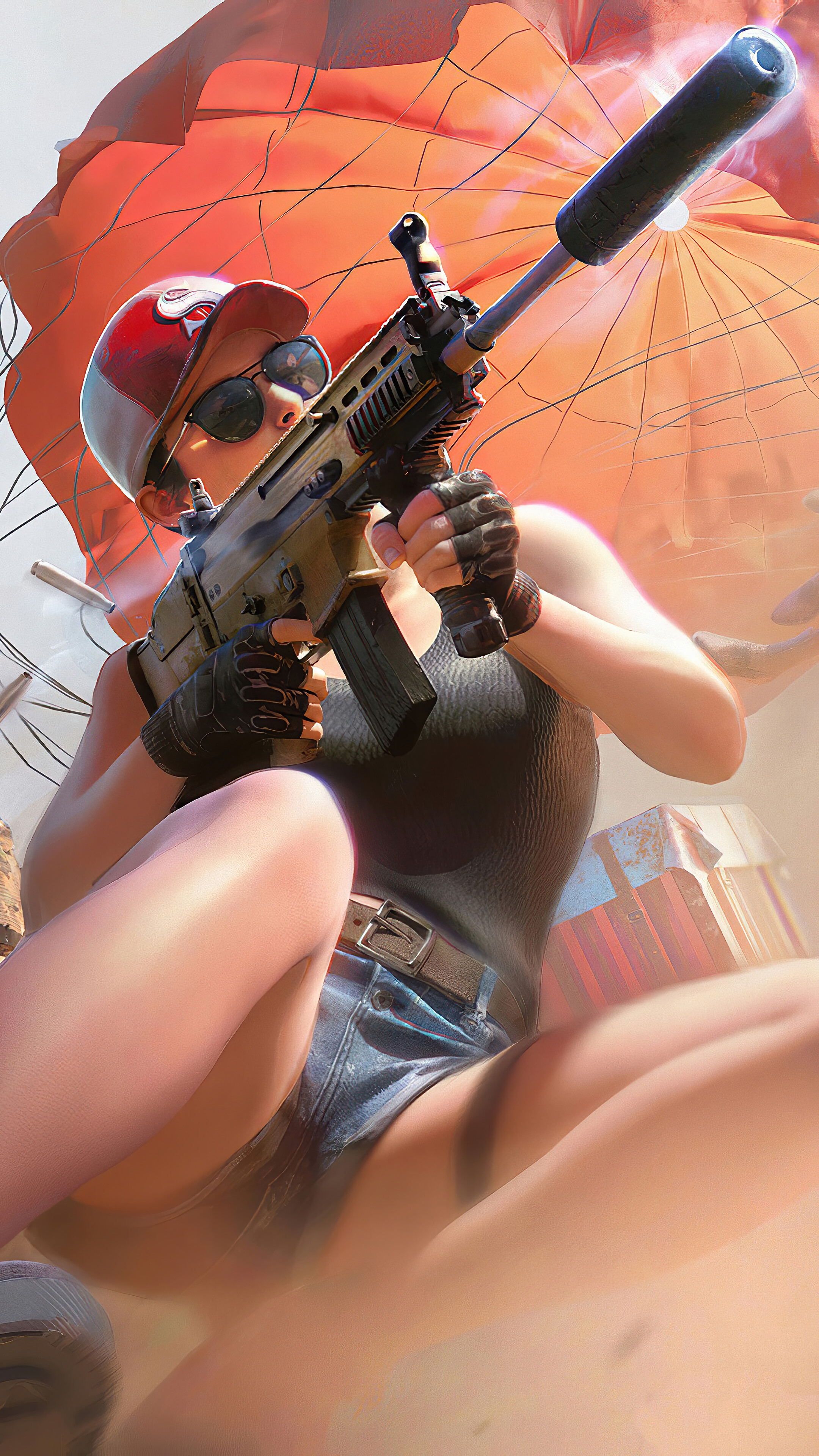 Girl with Gun and Parachute in 4K HD Phone Wallpaper